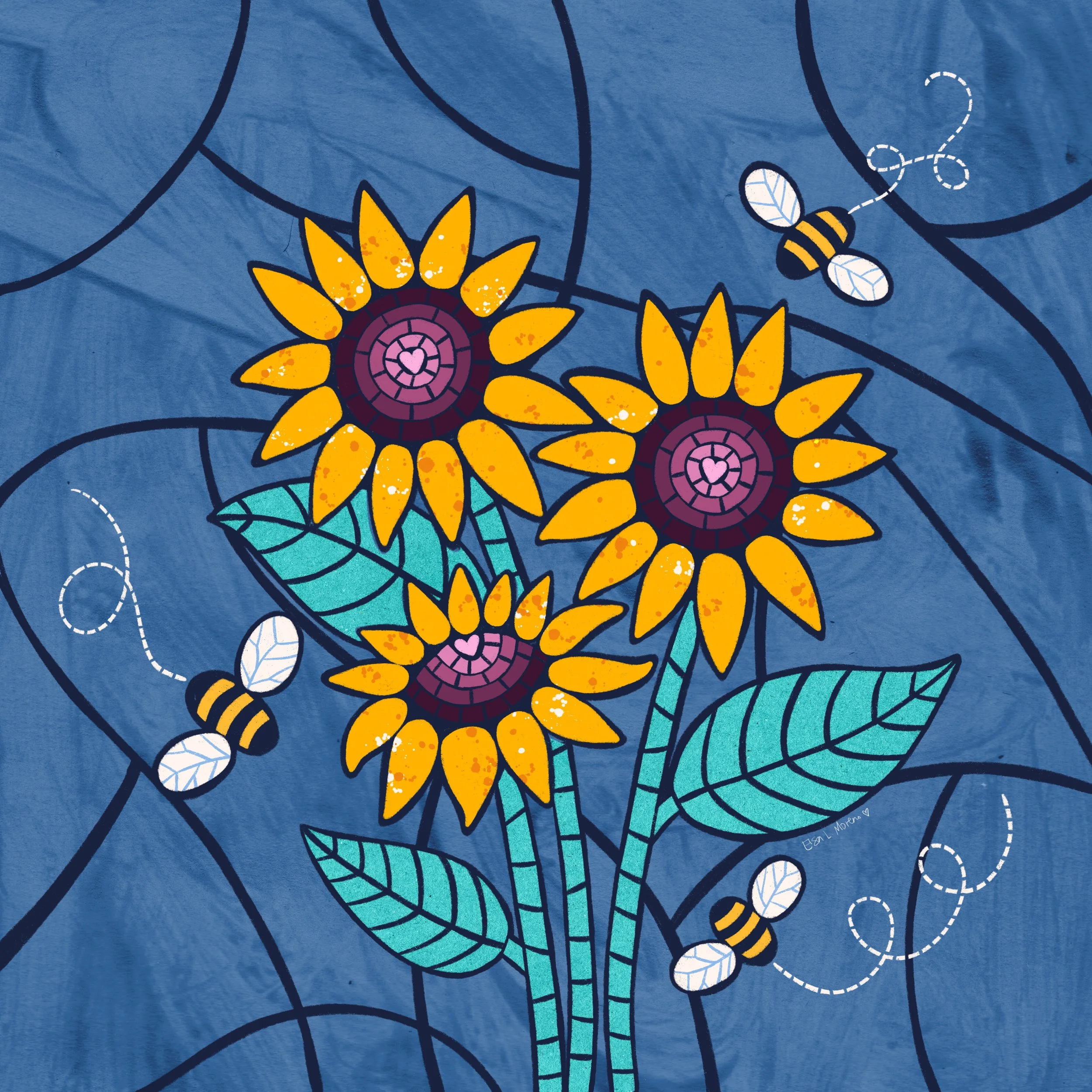 Three sunflowers illustration with three bees flying around