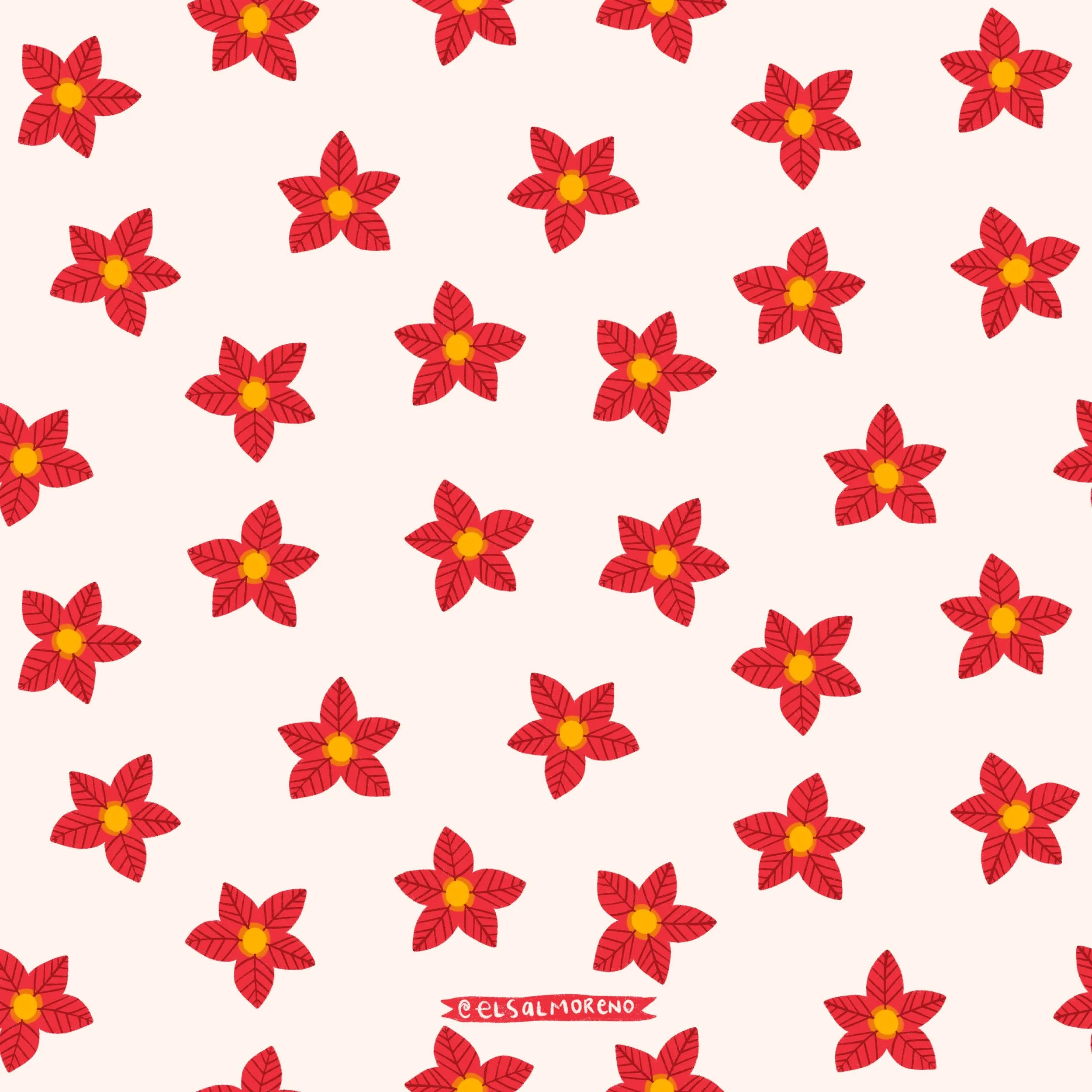 Repeating pattern of red poinsettias scattered over an ecru background with the signature @elsalmoreno in the bottom center of the illustration