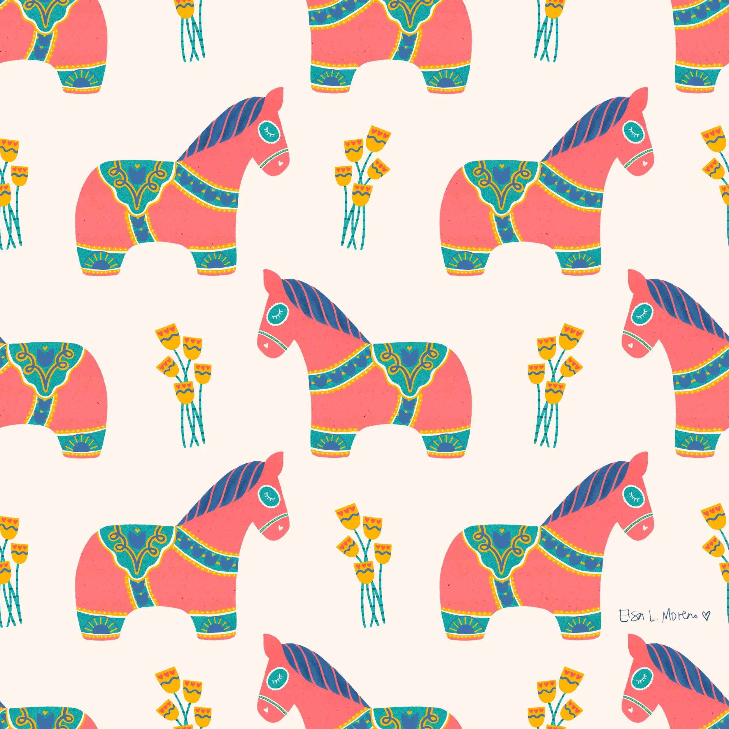 Dala Horse with Tulips over an Ecru Background Repeating Pattern