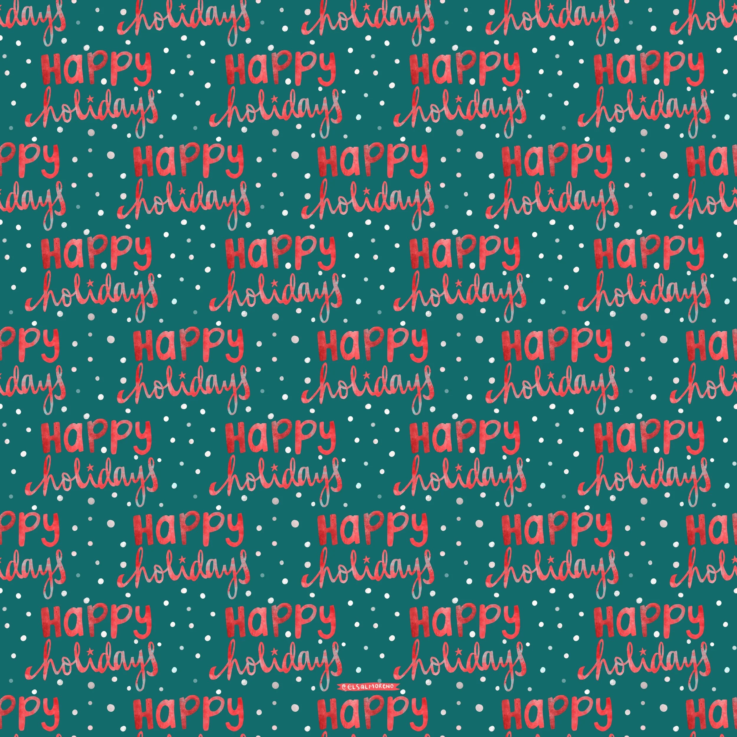 A repeating pattern of handwritten Happy Holidays in red, surrounded by white dots, over a green background