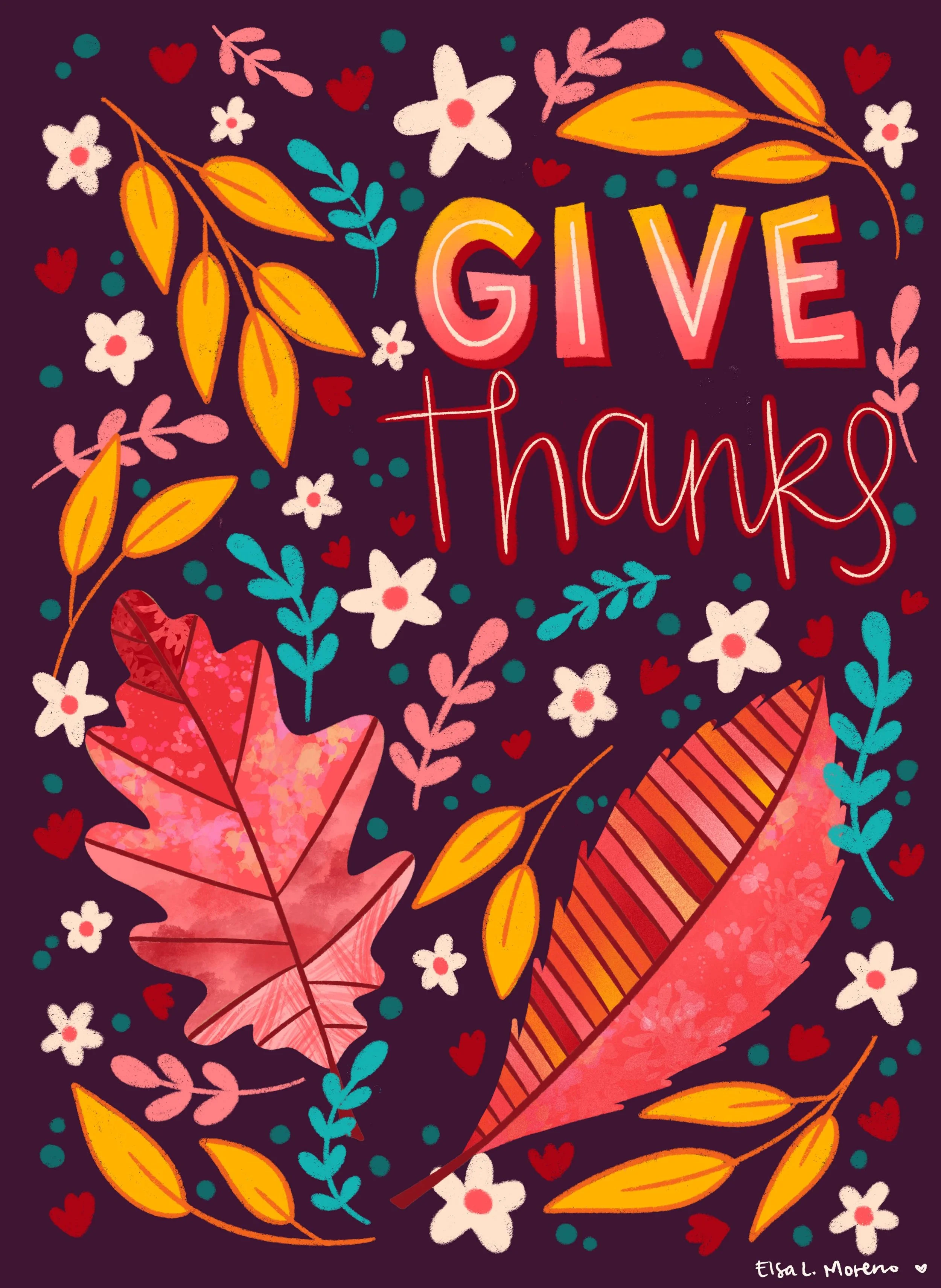 An illustration with stylized autumn motifs like leaves, flowers and branches with the message "Give Thanks" in hand lettering.