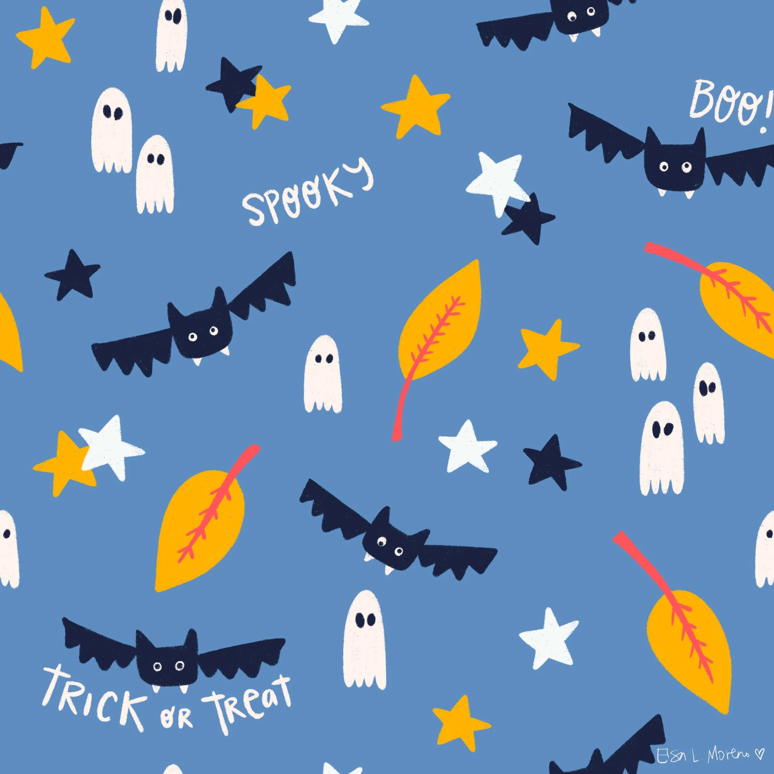 Repeating pattern of Halloween ghosts and bats surrounded by yellow, white and black stars and autumnal leaves over a cornflower blue background. The words "Spooky", "Boo!" and "Trick or Treat are dispersed around the pattern. The signature Elsa L. M