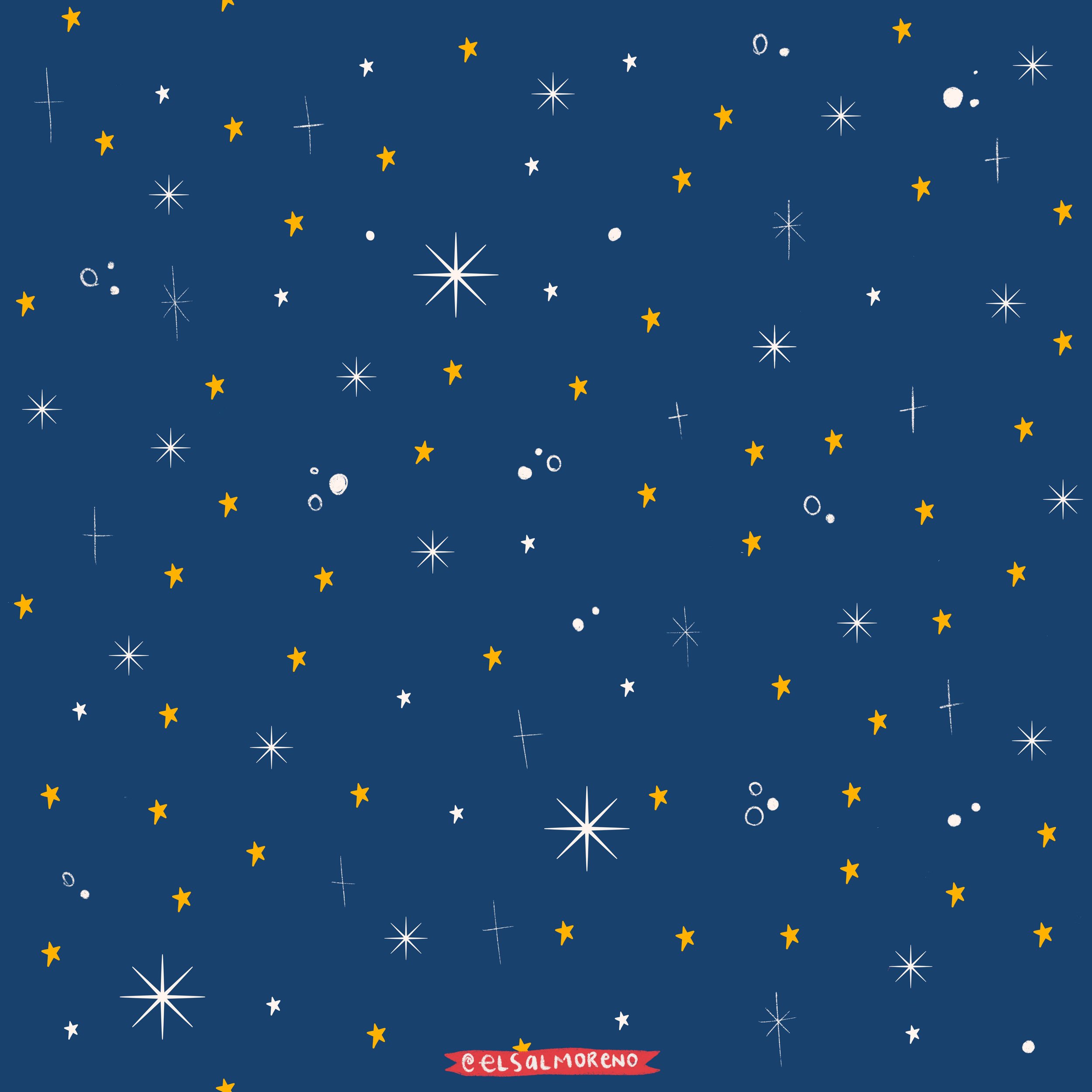 A repeating pattern of glowy yellow and white stars over a dark blue background with the signature @elsalmoreno