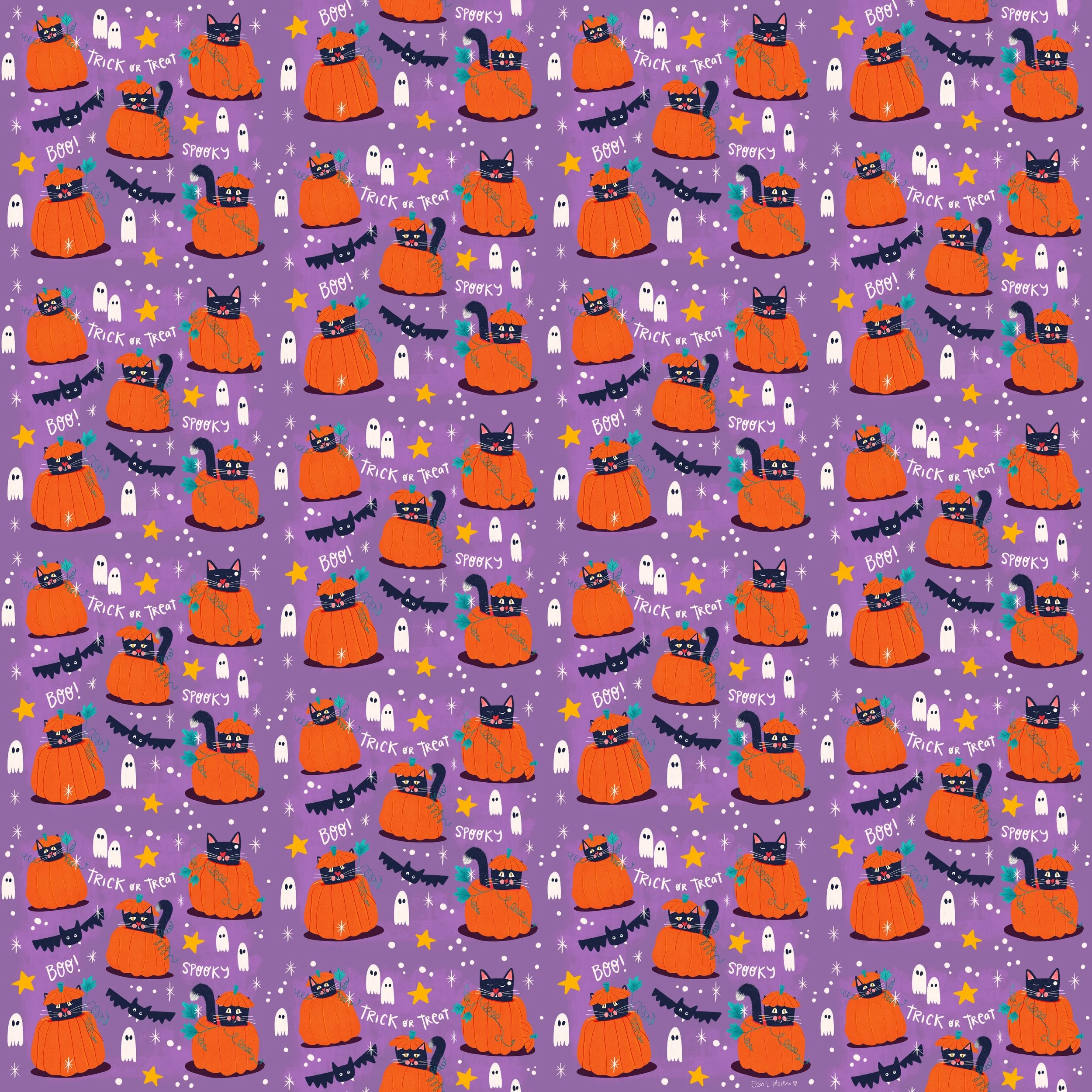 Seamless repeating pattern featuring stylized black cats inside pumpkins, surrounded by yellow and white stars and dots, ghosts and bats. The hand-written words "Spooky", "Boo!" and "Trick or Treat" are dispersed around the pattern. The background co