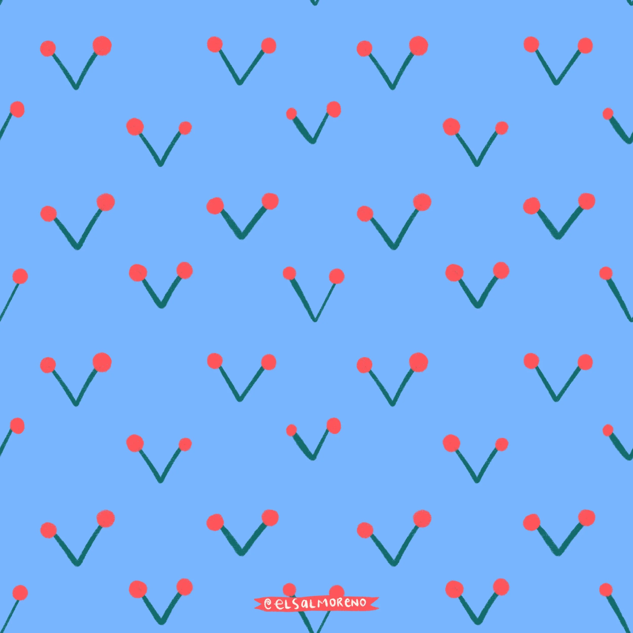 A repeating pattern of mini red berries with green stems over a blue background with Elsa L. Moreno's signature at the bottom center of the pattern.