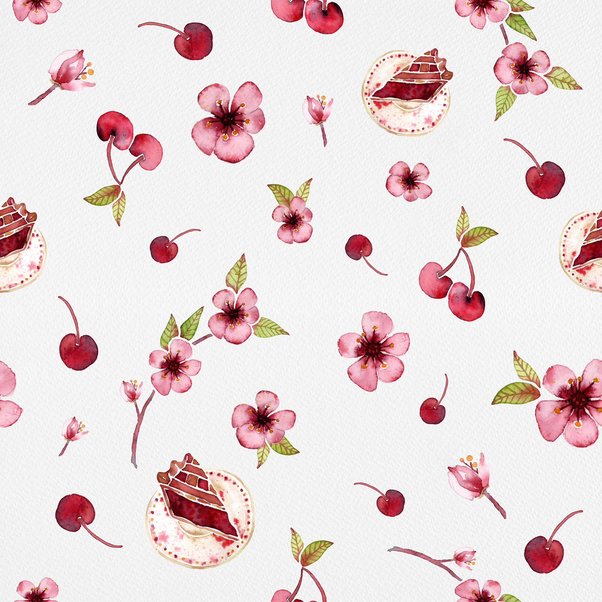 Watercolor cherry blossom, cherries and cherry pie in a scattered repeatting pattern over a white background