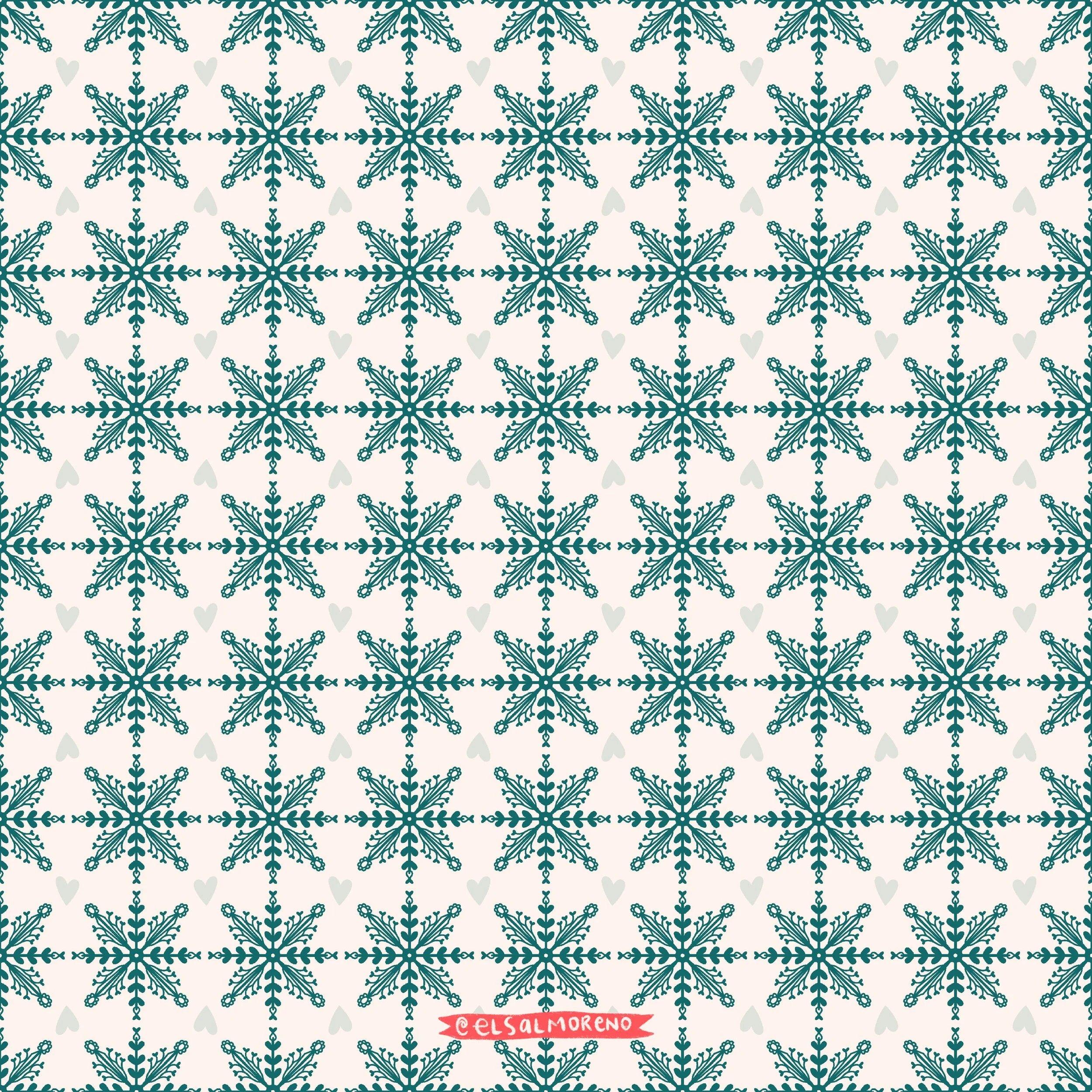 Repeating pattern of green snowflakes and hearts over an ecru background with Elsa L. Moreno's signature in the bottom center of the pattern.
