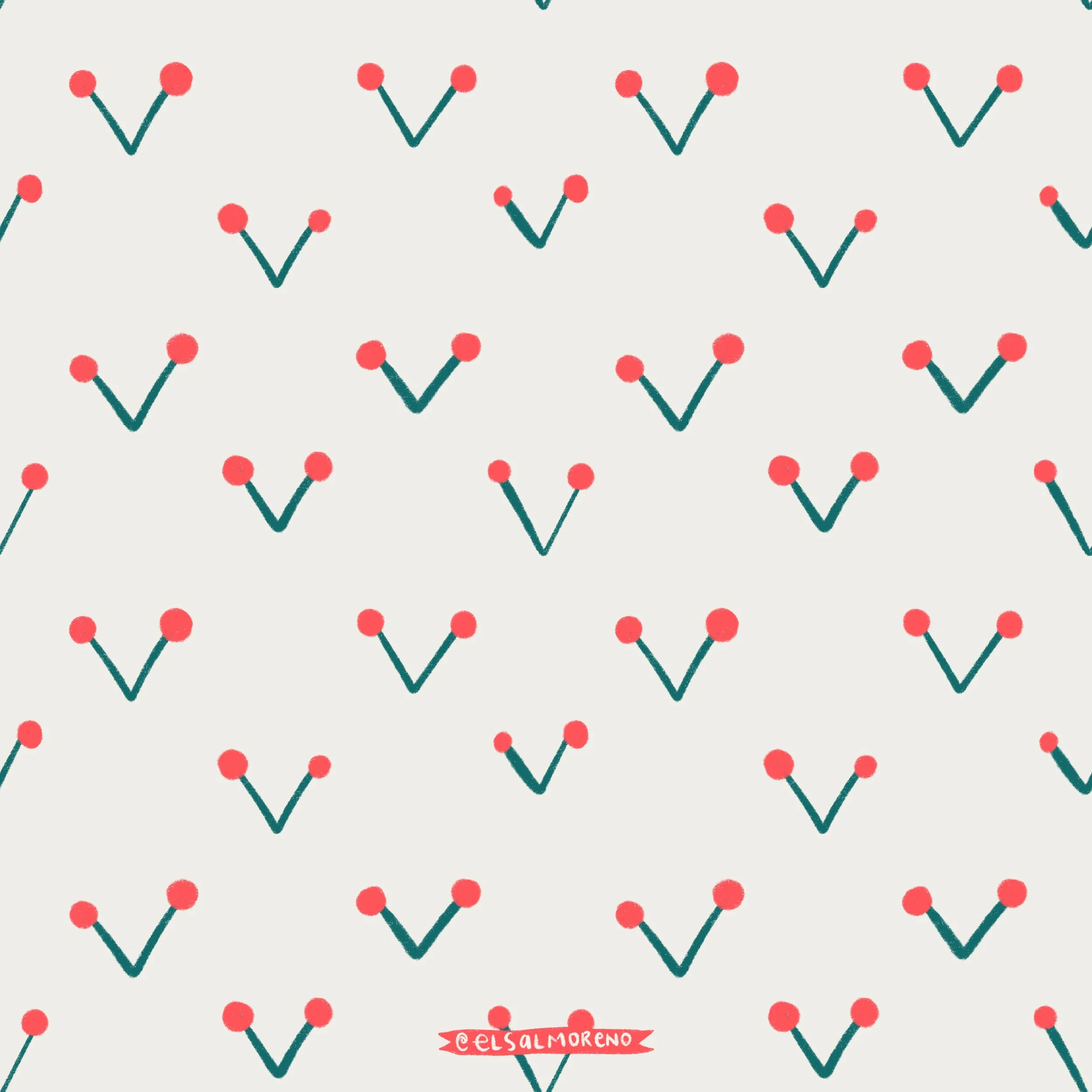 A repeating pattern of mini red berries with green stems over an ecru background with Elsa L. Moreno's signature at the bottom center of the pattern.