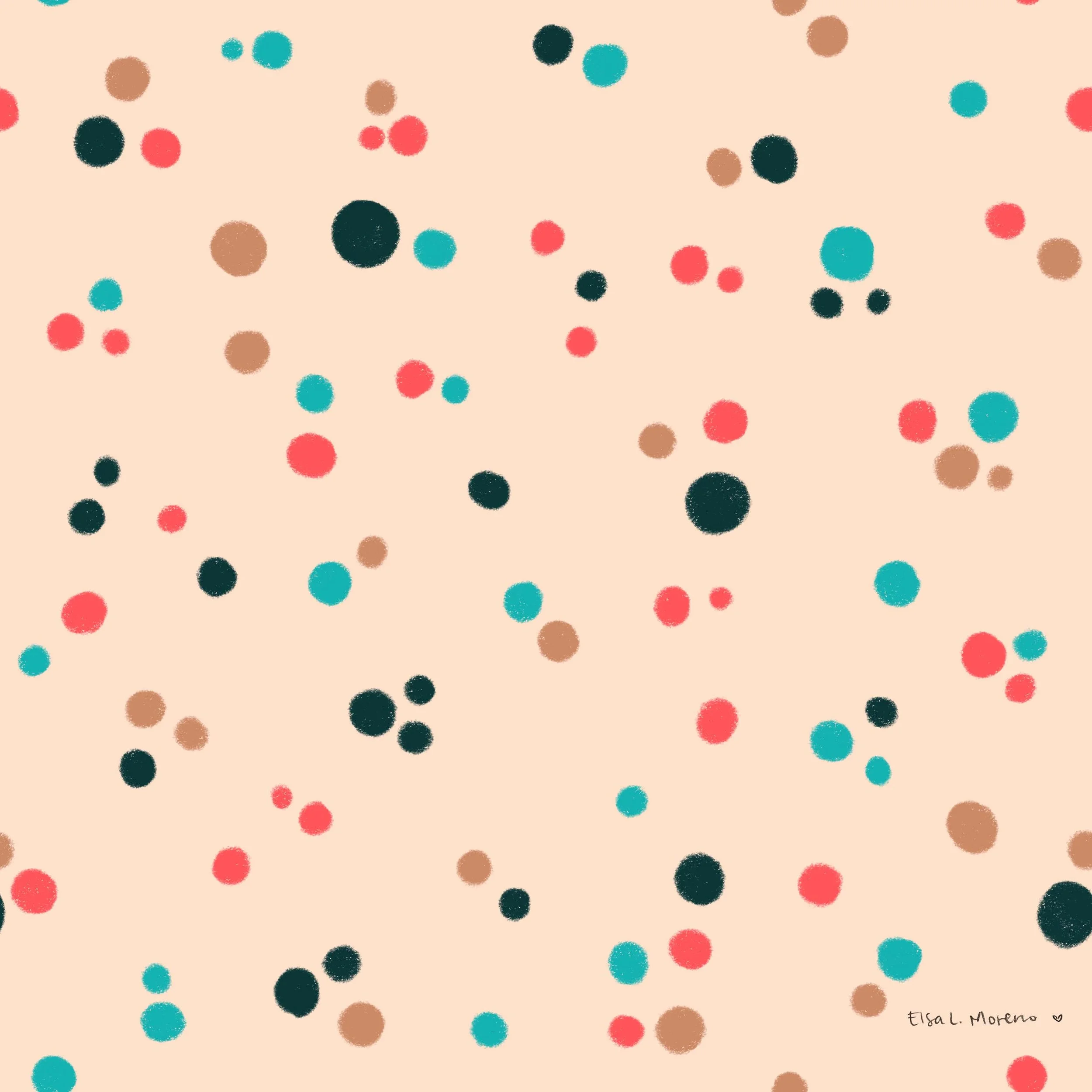 A repeating pattern of colorful dots in turquoise, dark green, coral and light brown over an ecru background.
