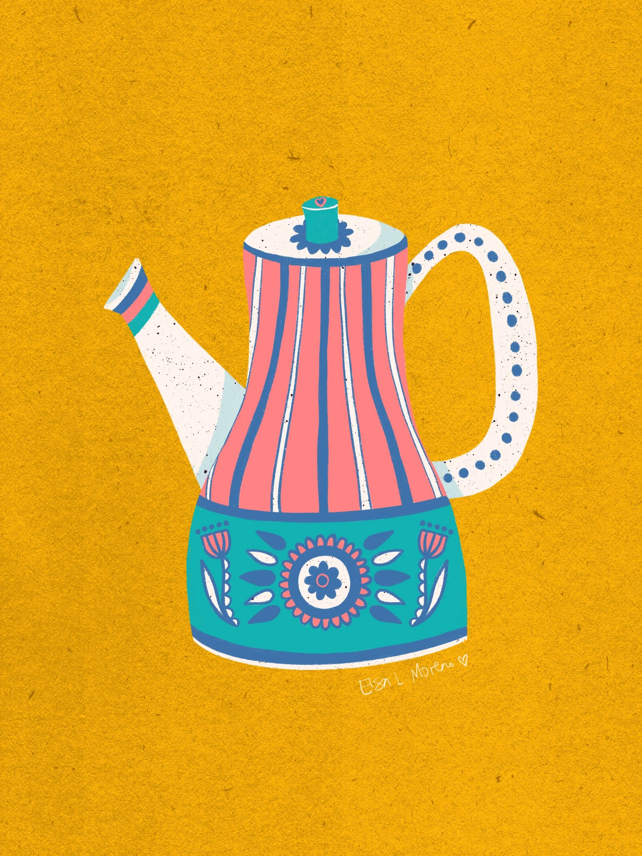 Vintage Teapot Illustration with Coral, Turquoise and Blue Details on a Yellow Background