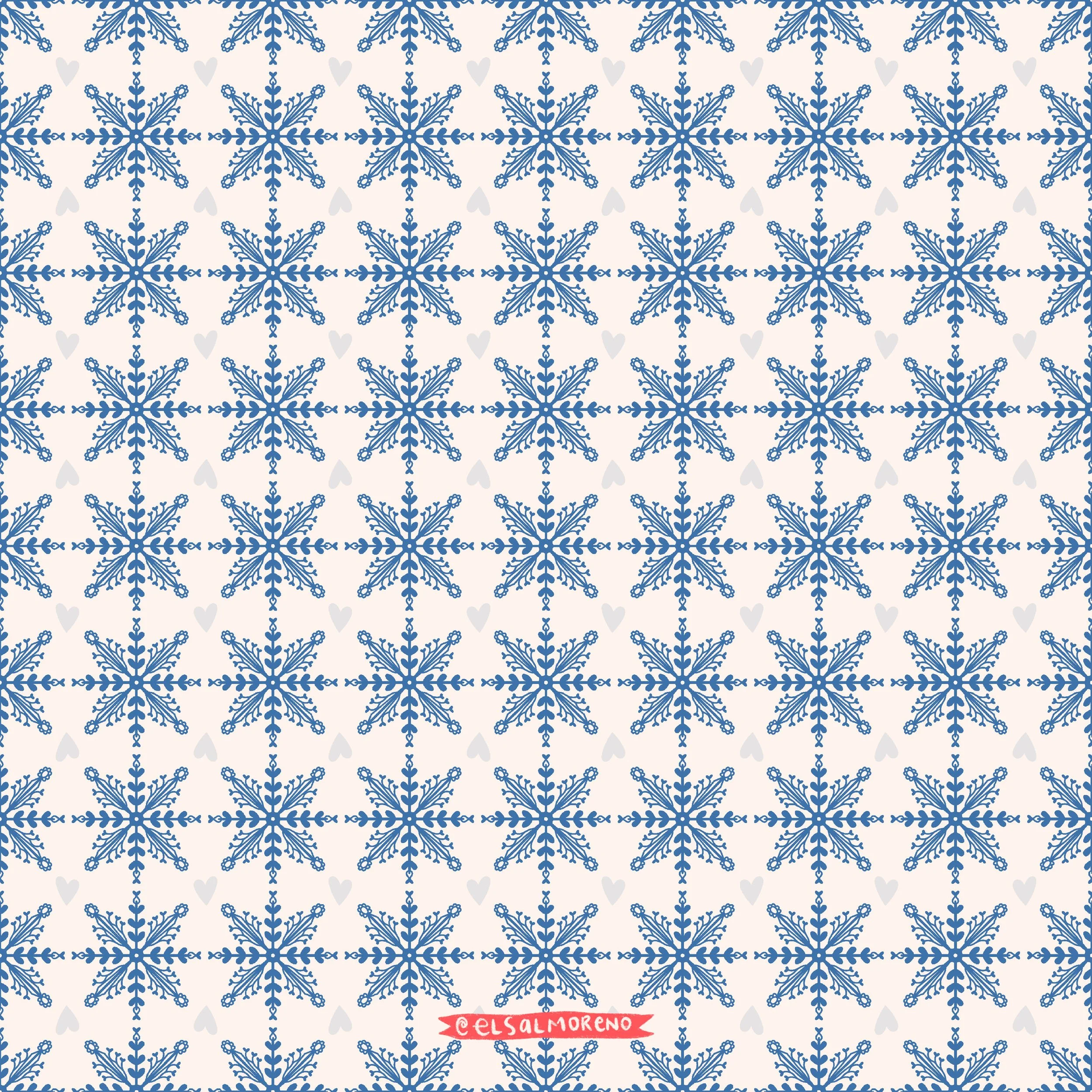 Repeating pattern of navy snowflakes and hearts over an ecru background with Elsa L. Moreno's signature in the bottom center of the pattern.