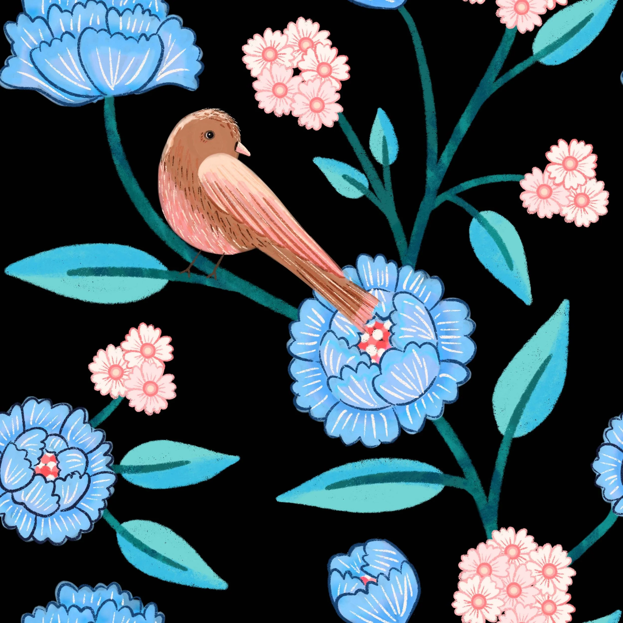 Repeating pattern featuring big blue flowers and a cute bird, green leaves and mini white and pink flowers over a dark background