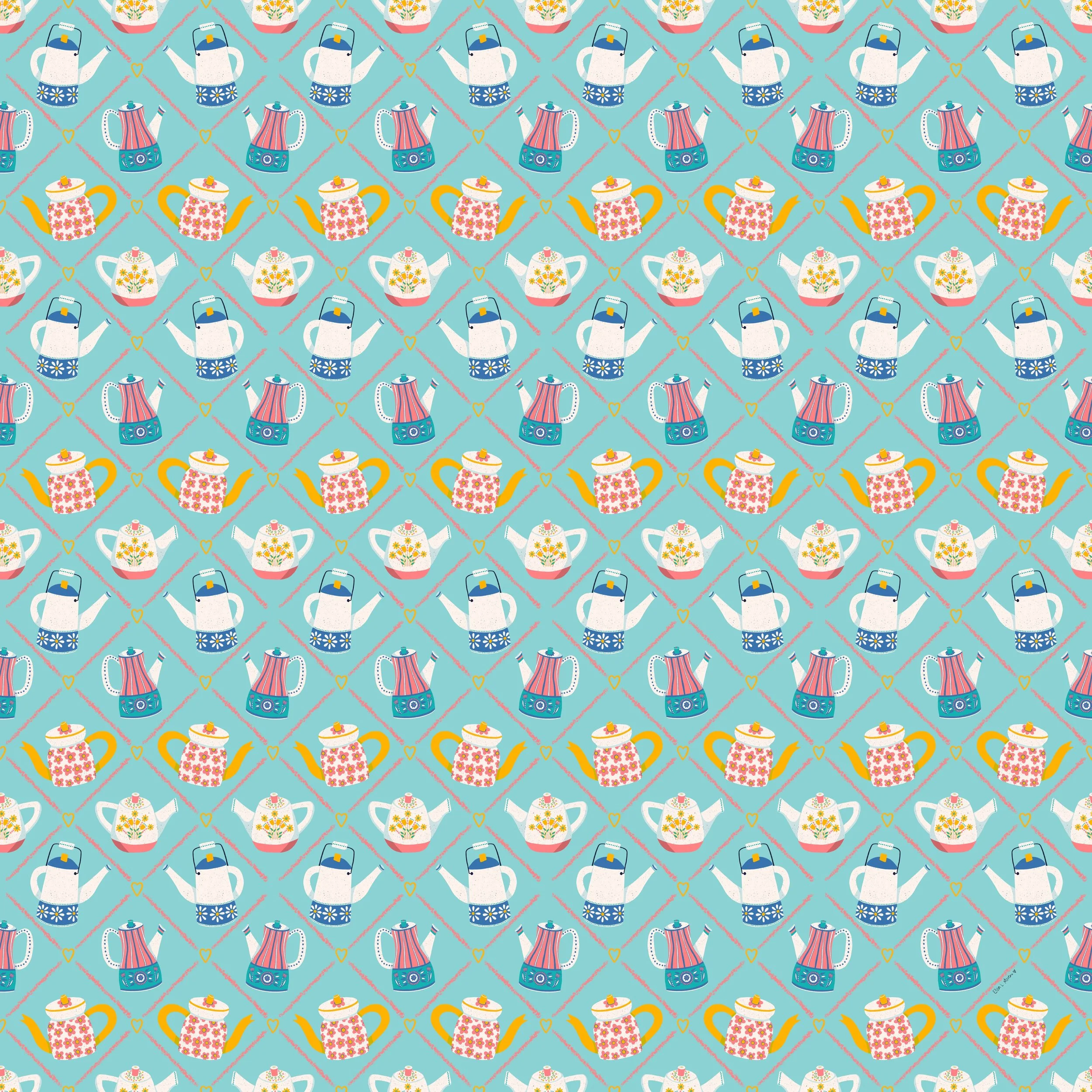 Repeating Arlequin Pattern of Four Vintage Teapot Illustrations on an Aqua Background