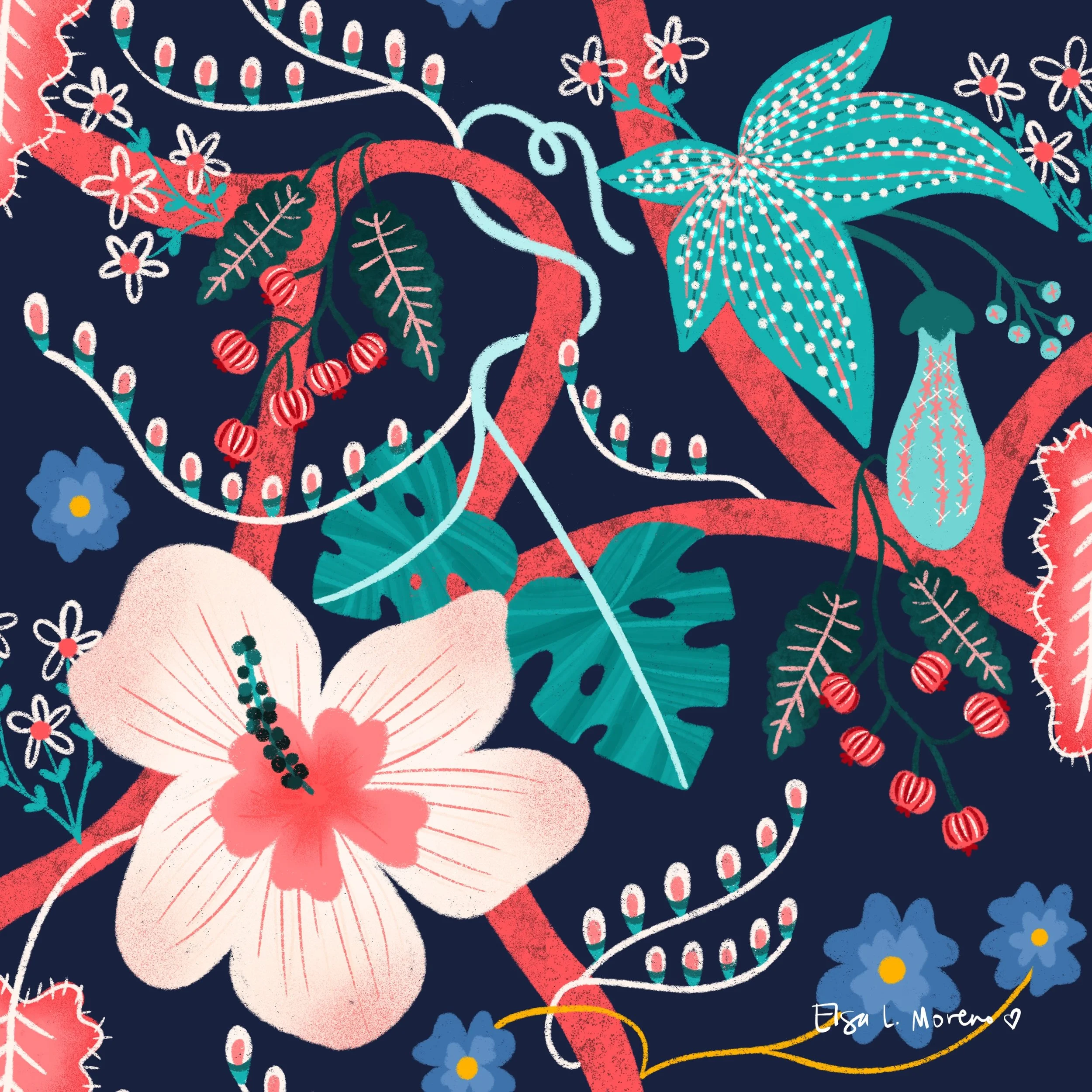 Whimsical Brazil-inspired repeating pattern of lush floral motifs over a navy dotted background.