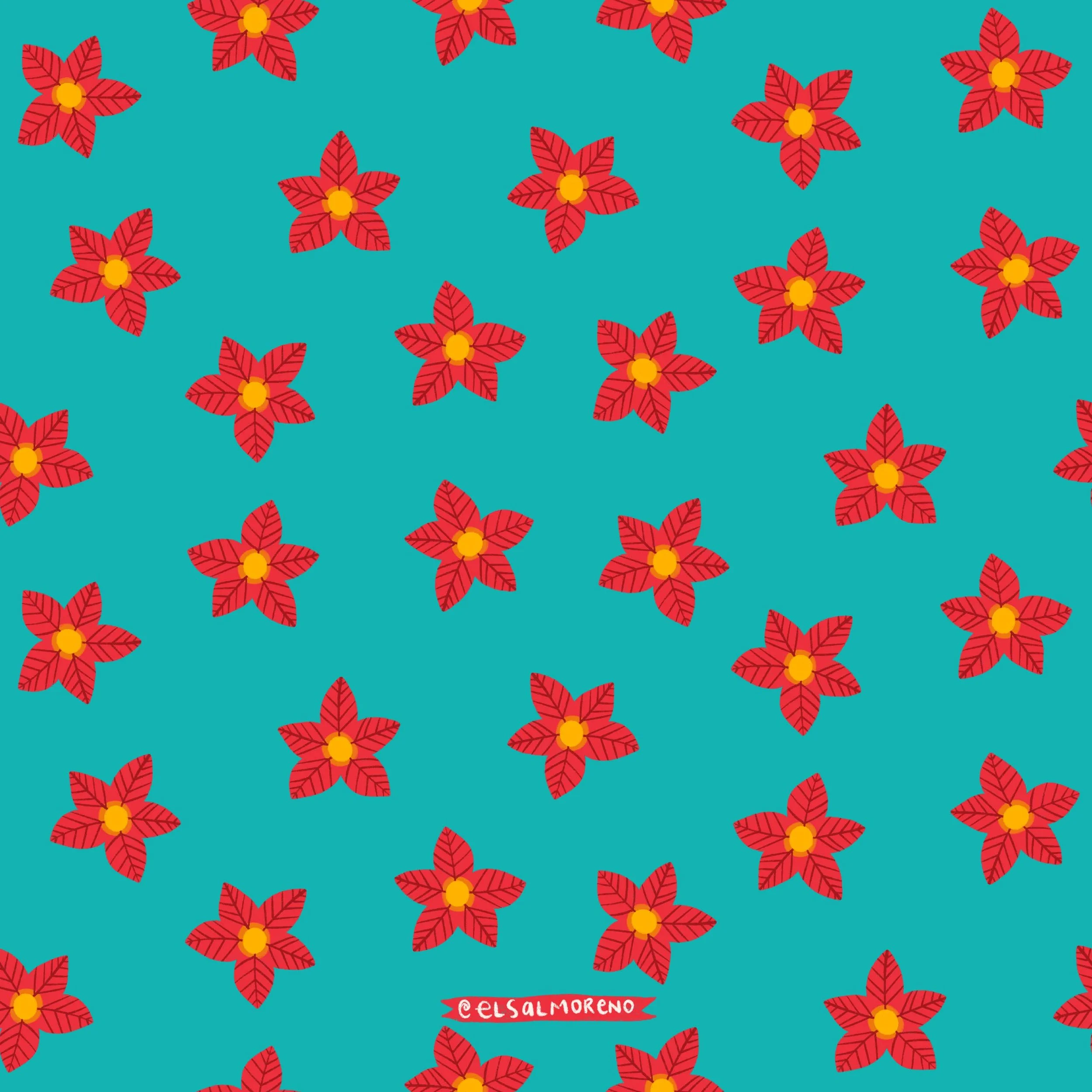 Repeating pattern of red poinsettias scattered over a turquoise background with the signature @elsalmoreno in the bottom center of the illustration