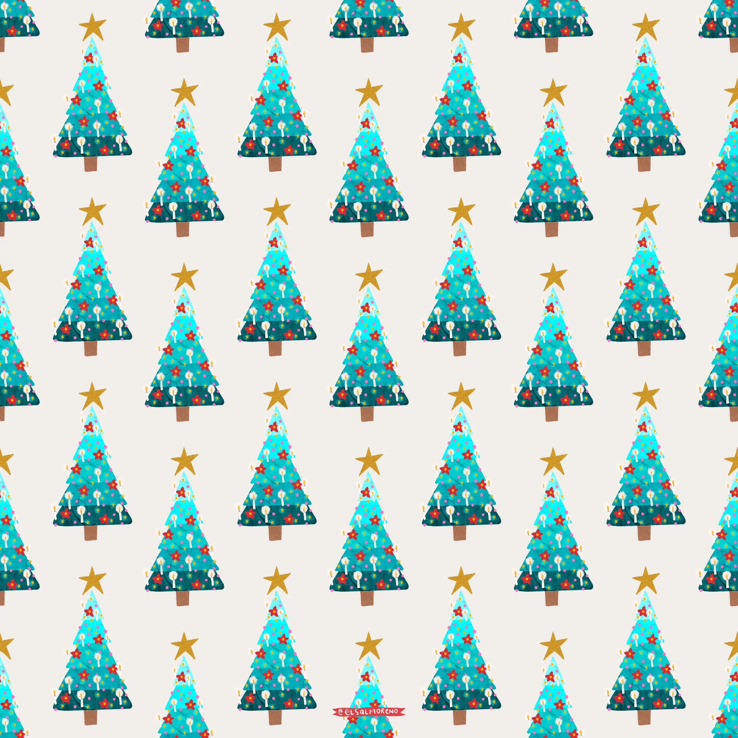 Repeating pattern of a glowy Christmas tree over an ecru background with the signature @elsalmoreno