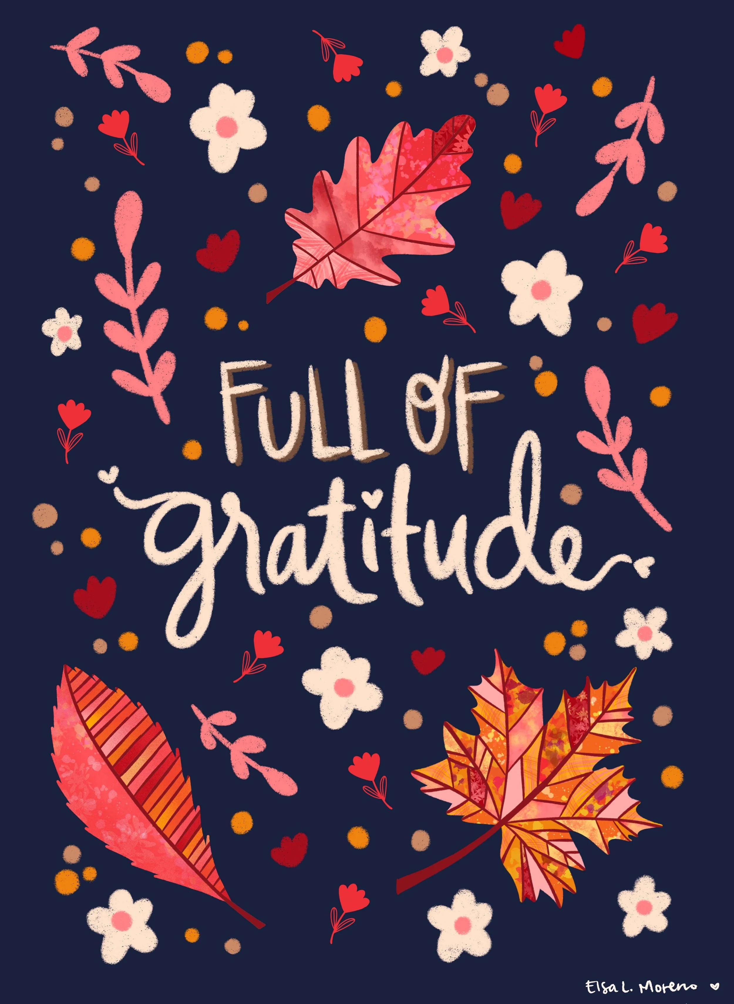 An illustration with stylized autumn motifs like leaves, flowers and branches with the message "Full of Gratitude" in ecru handlettering.