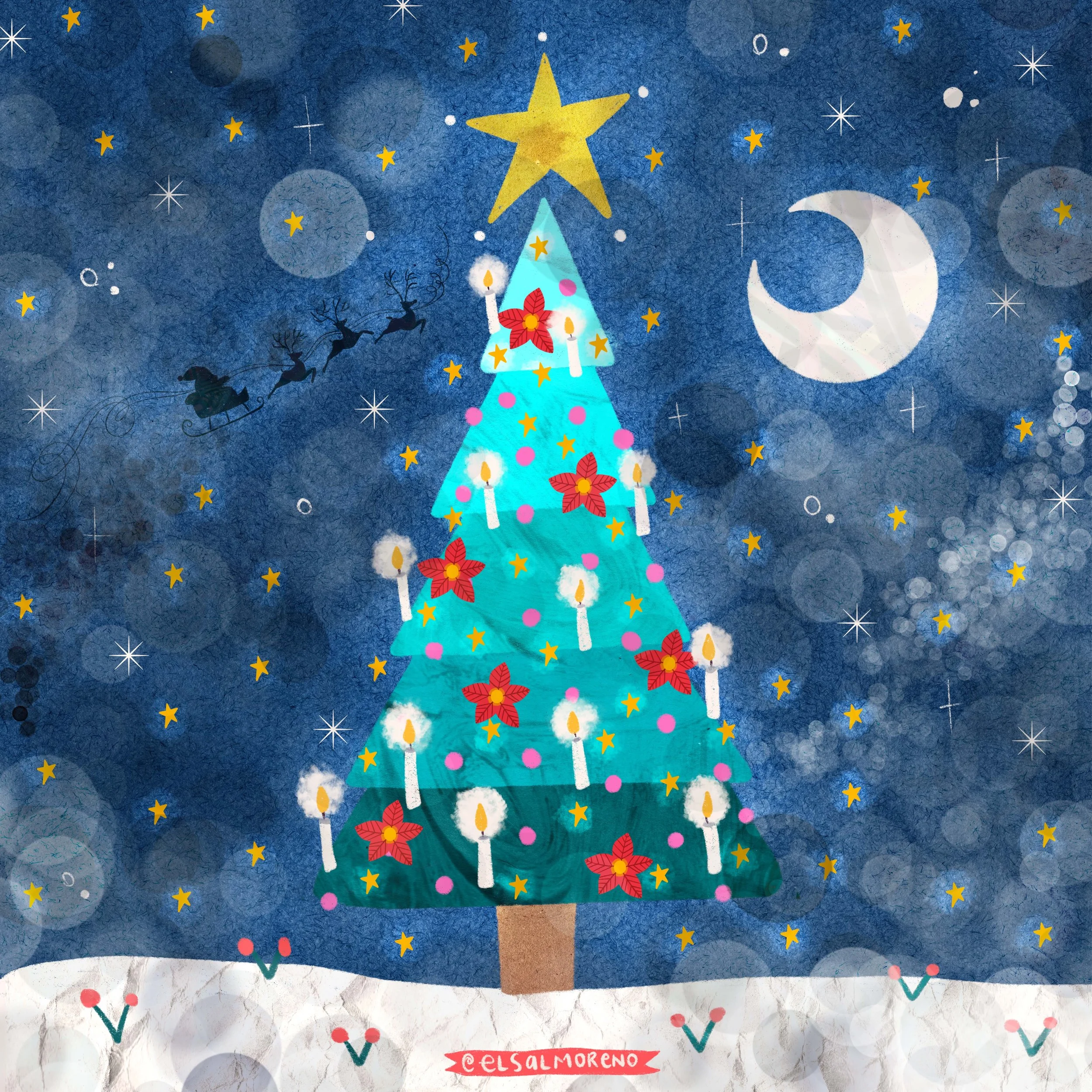 A decorated Christmas Tree with lighted candles, poinsettias and stars on a snowy floor with some winter berries, surrounded by a glowy night sky. The tree is topped by a big star. The silhouette of Santa Claus and three reindeer flying in the sky ca