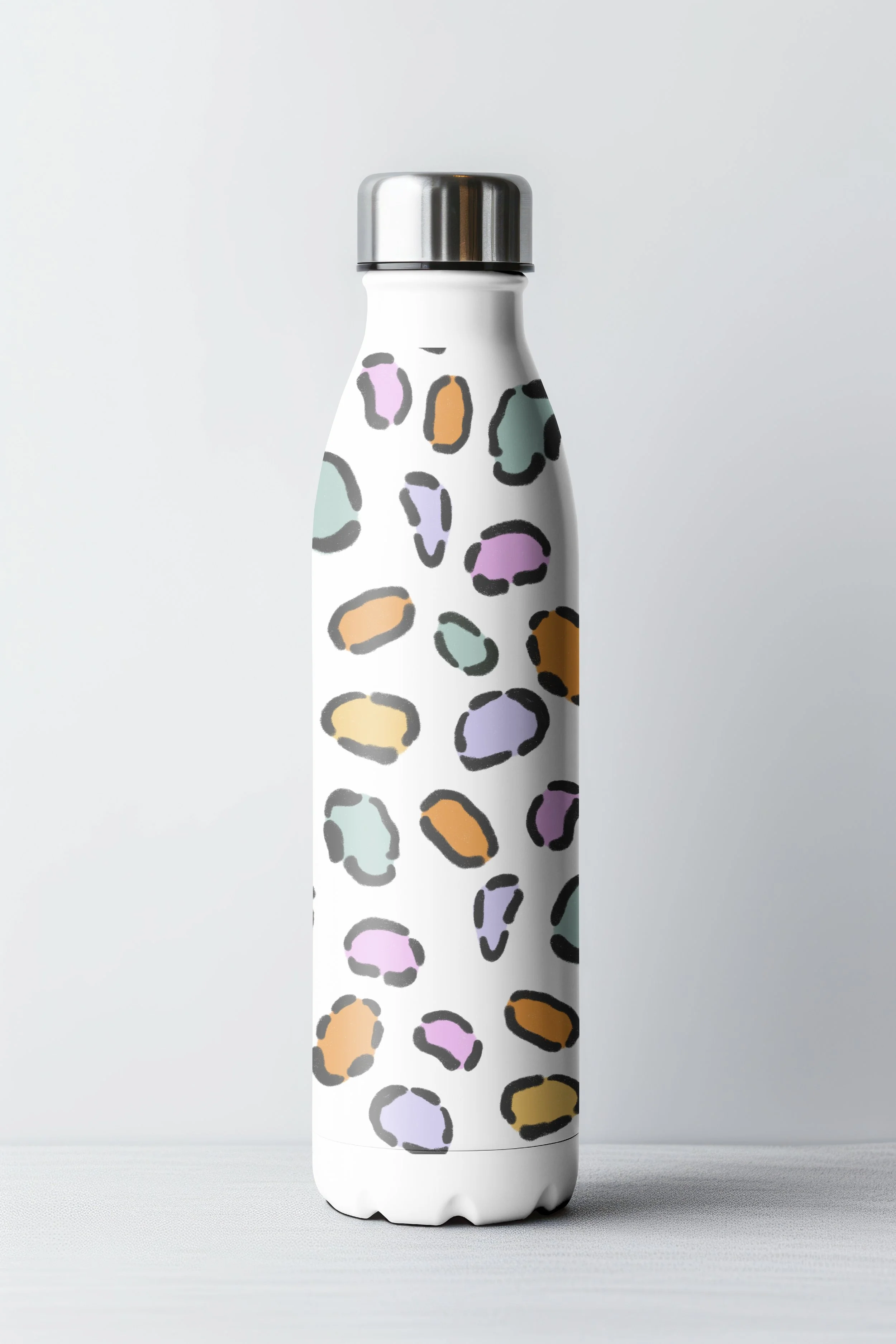White water bottle with a colorful leopard print pattern 