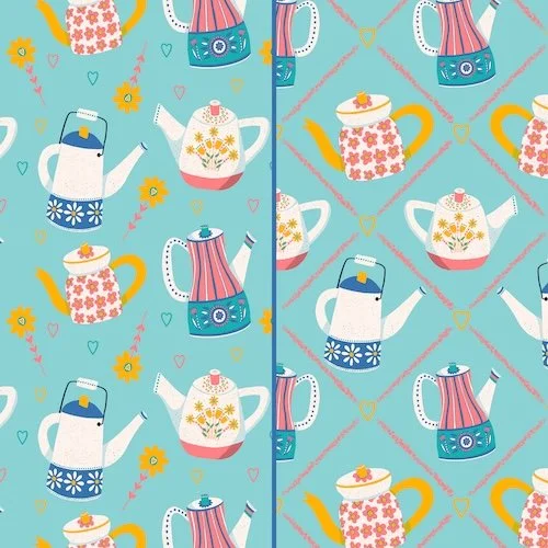 Image shows two repeating patterns of teapots arranged in a scattered pattern and a filled harlequin-shaped pattern on a turquoise background
