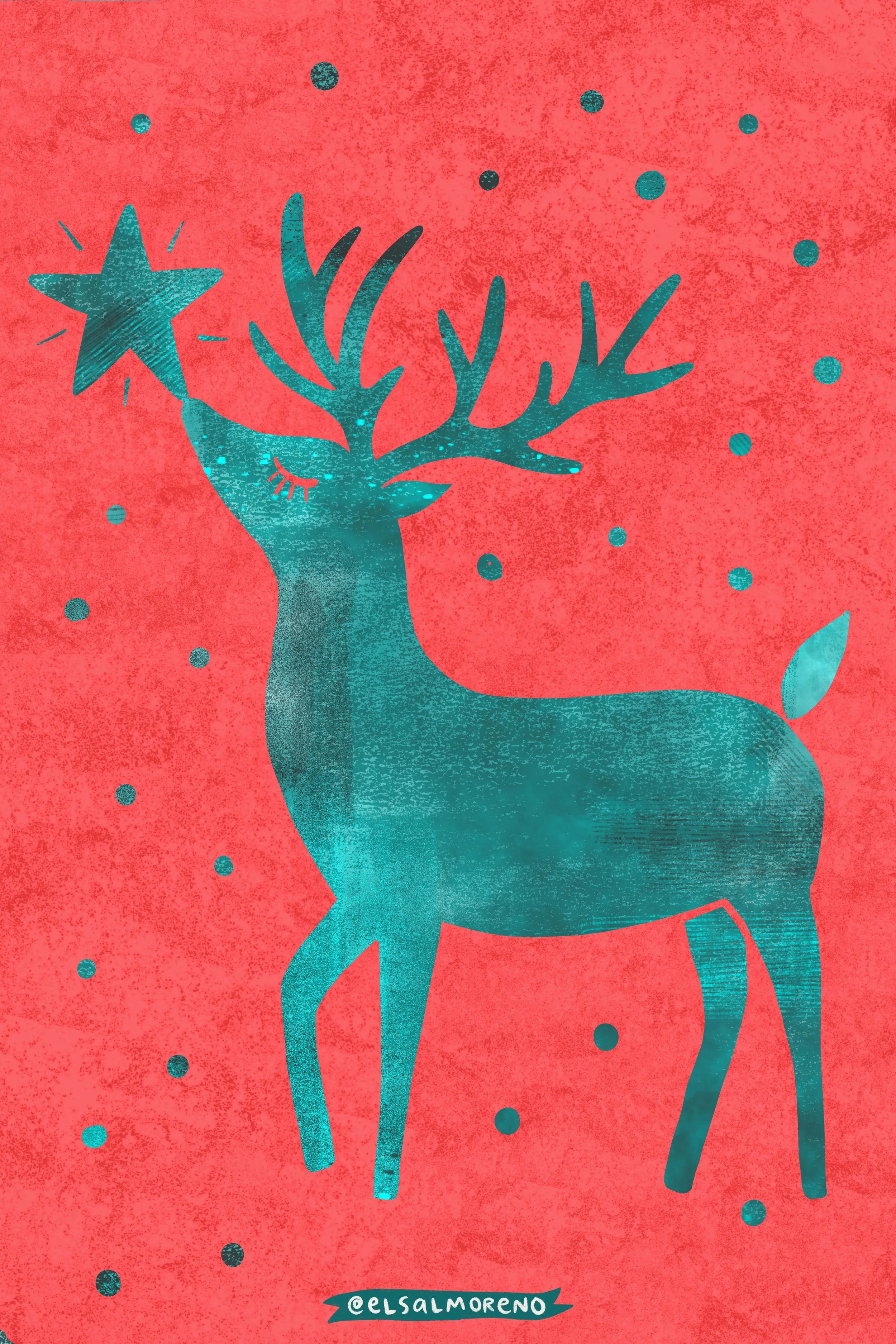 Textured silhouette of a green reindeer with a star on his nose, surrounded by green dots over a red background