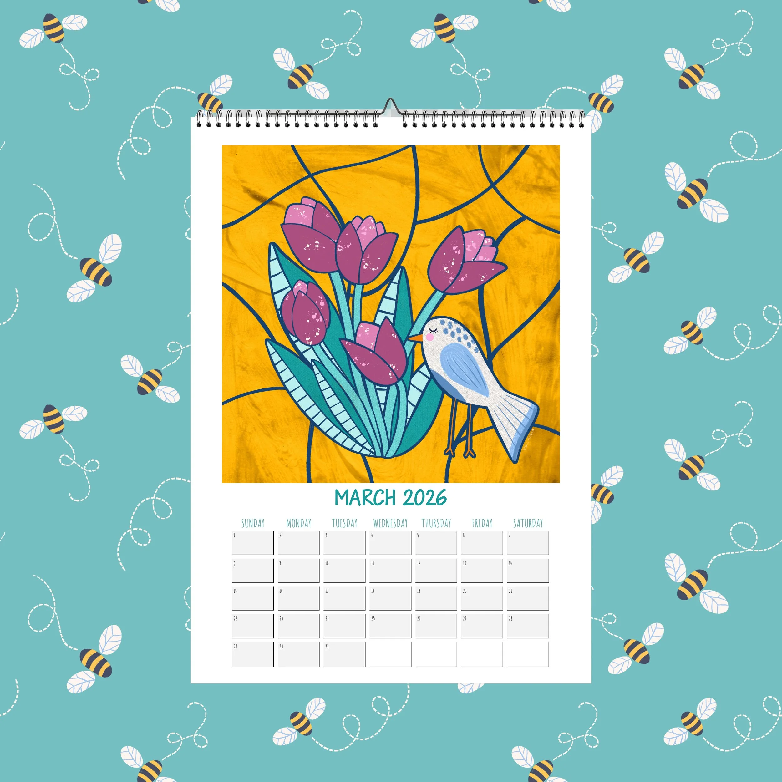 A calendar with a bird and tulips illustration over a pattern of little bees on an aqua background