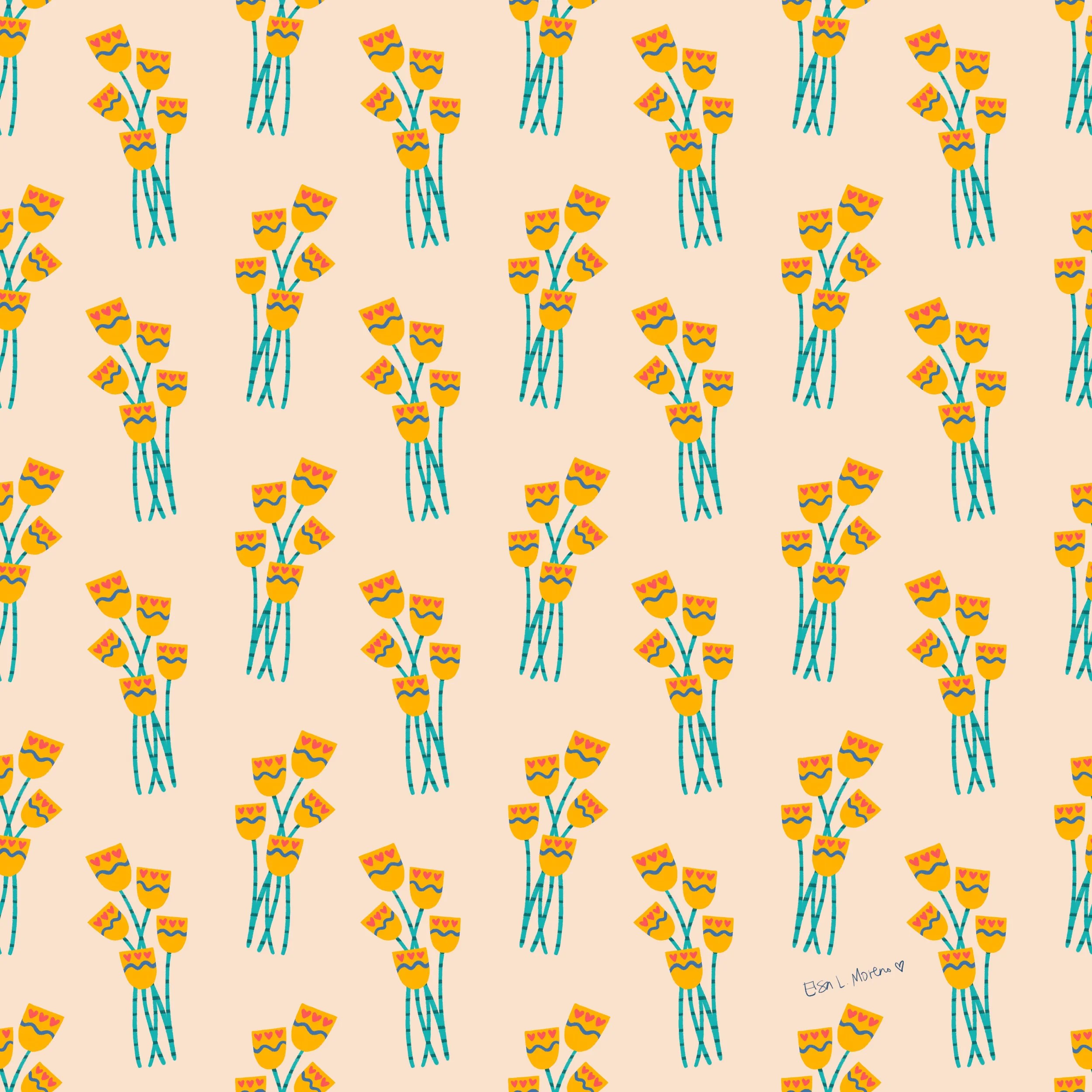 Repeating pattern of stylized yellow tulip over an ecru background