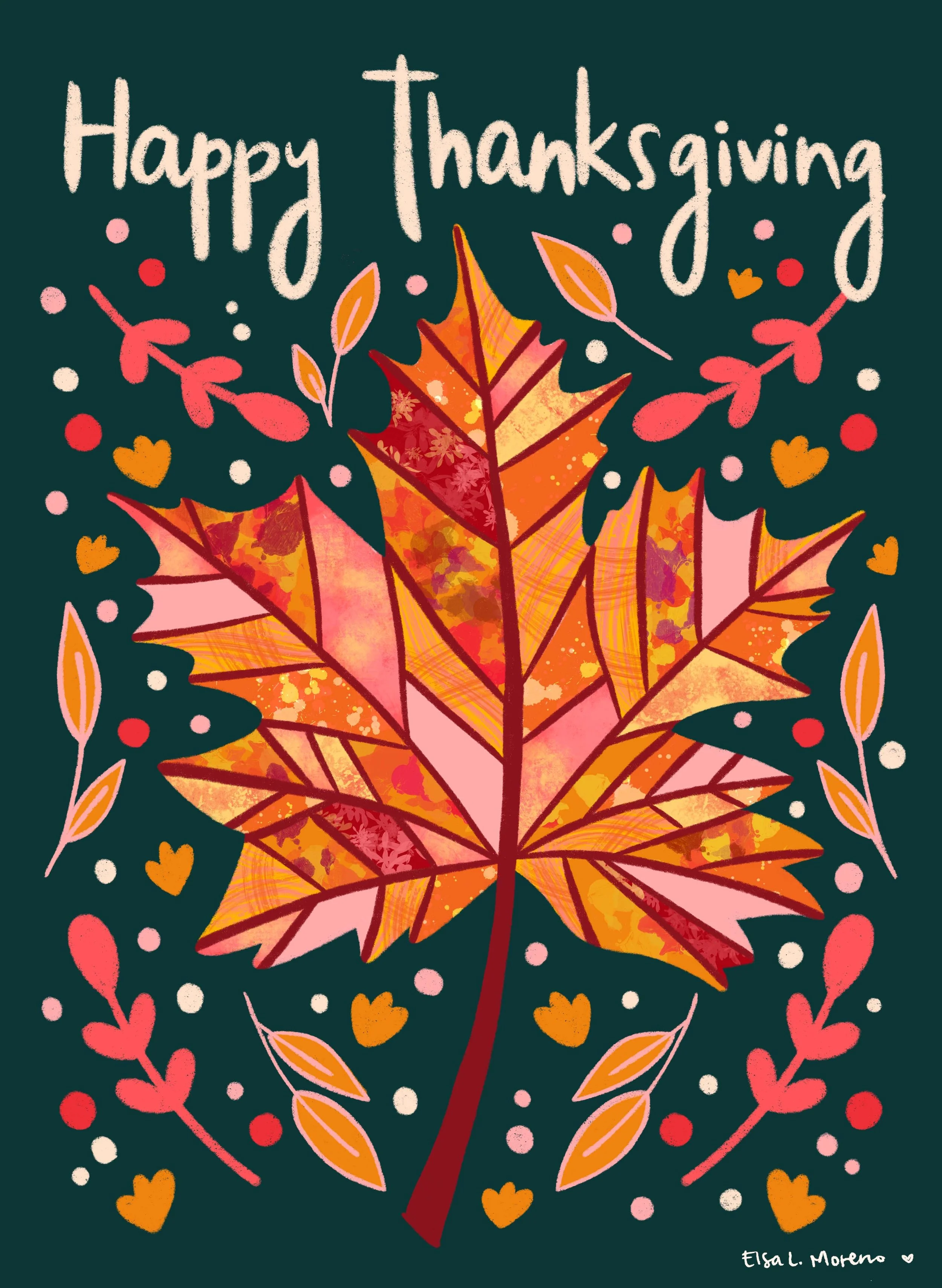 An illustration with stylized autumn motifs like  flowers and branches, featuring a large maple leaf and the message "Happy Thanksgiving" in ecru hand lettering.