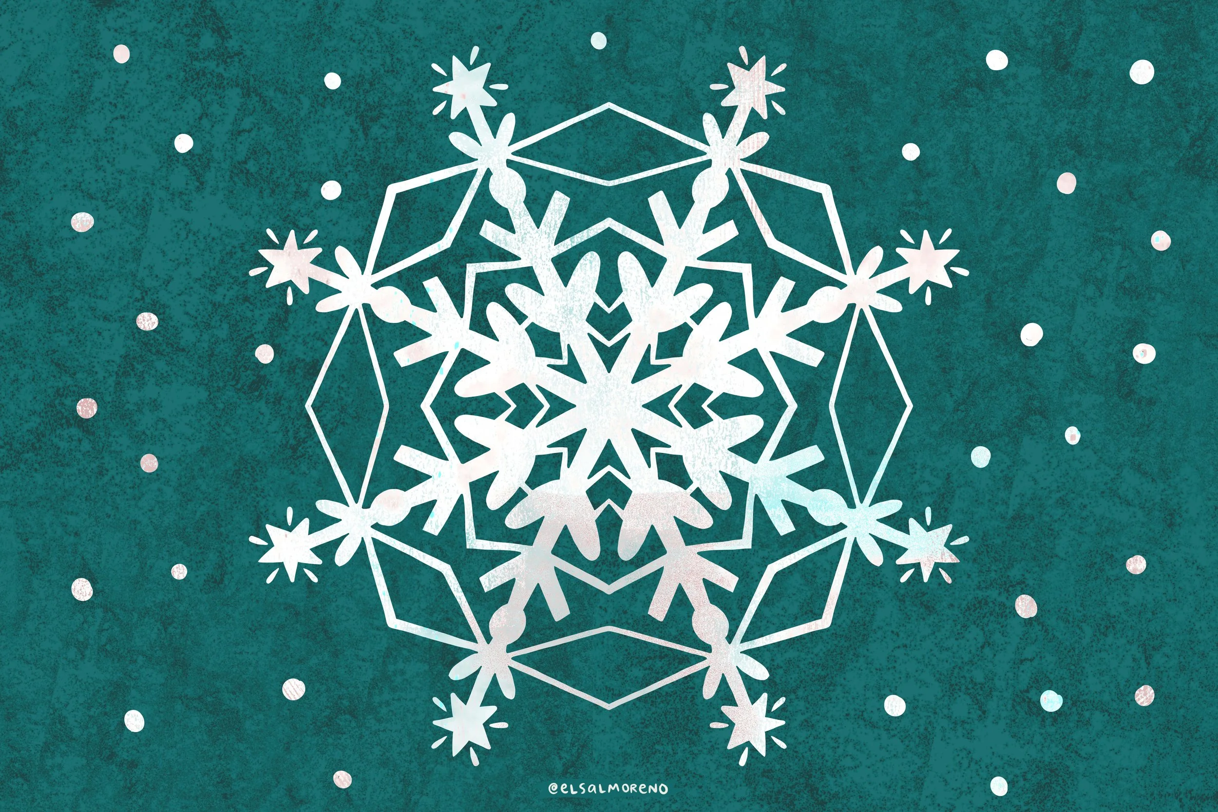Silhouette of a textured white snowflake surounded by white dots over a red background