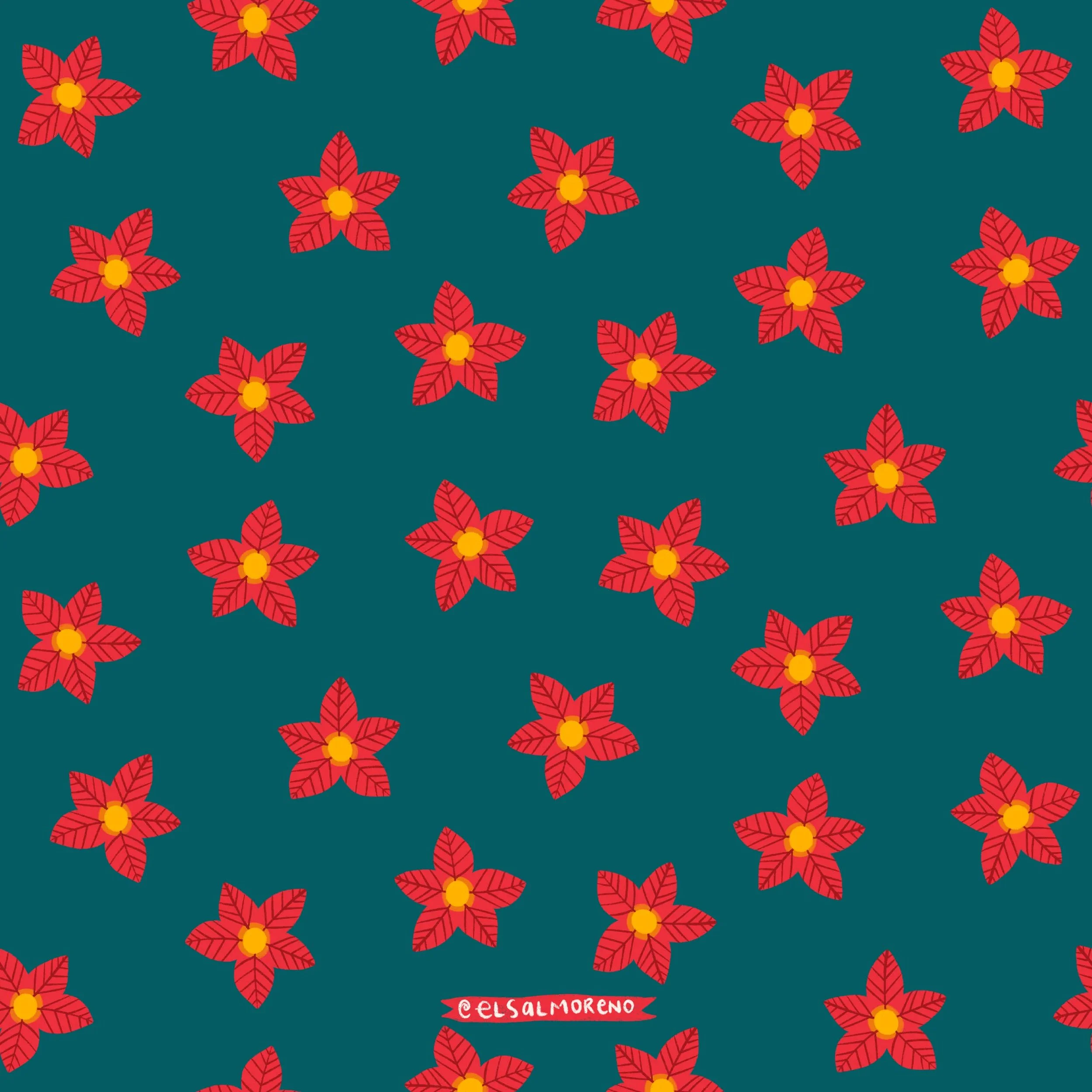 Repeating pattern of red poinsettias scattered over a dark green background with the signature @elsalmoreno in the bottom center of the illustration