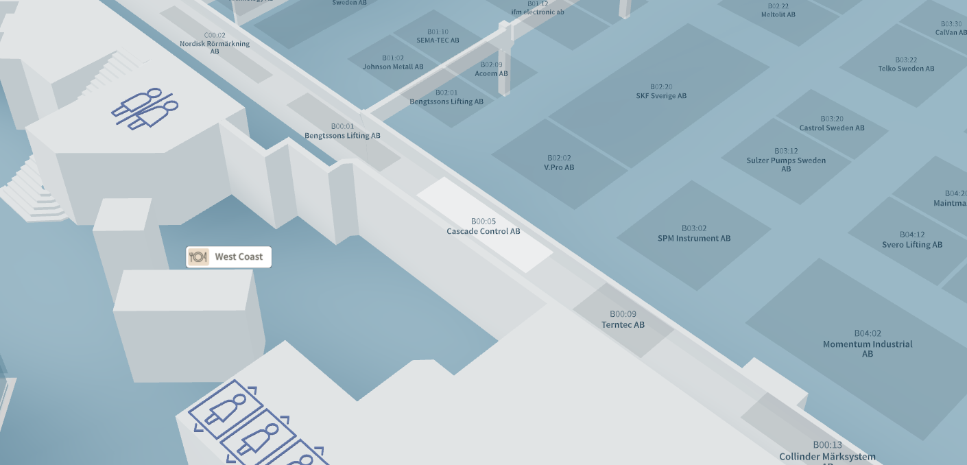 Kart over vedlikeholdsmessen med Cascade Controls stand B00:05 markert langs hovedgangen.