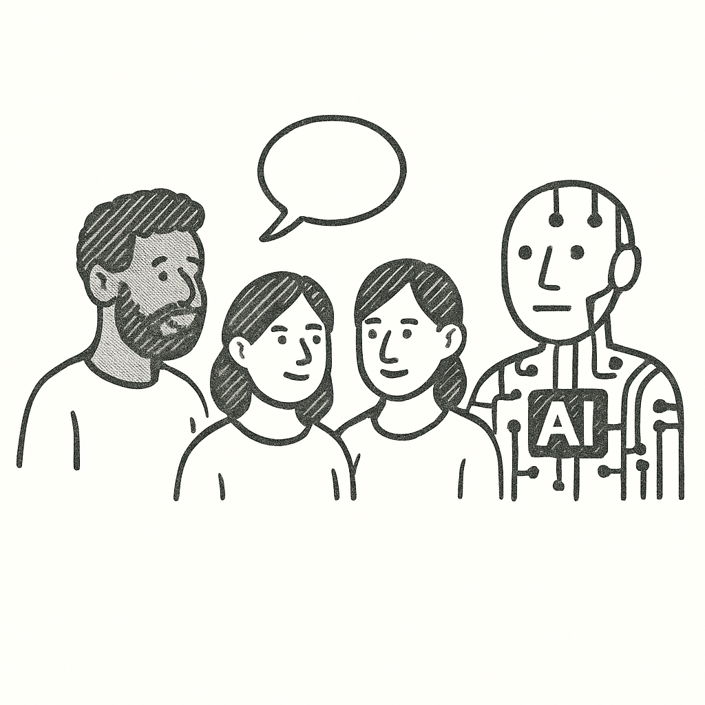 Illustration of four human figures and one robot with AI circuits, with a light bulb above, symbolizing artificial intelligence and innovation.
