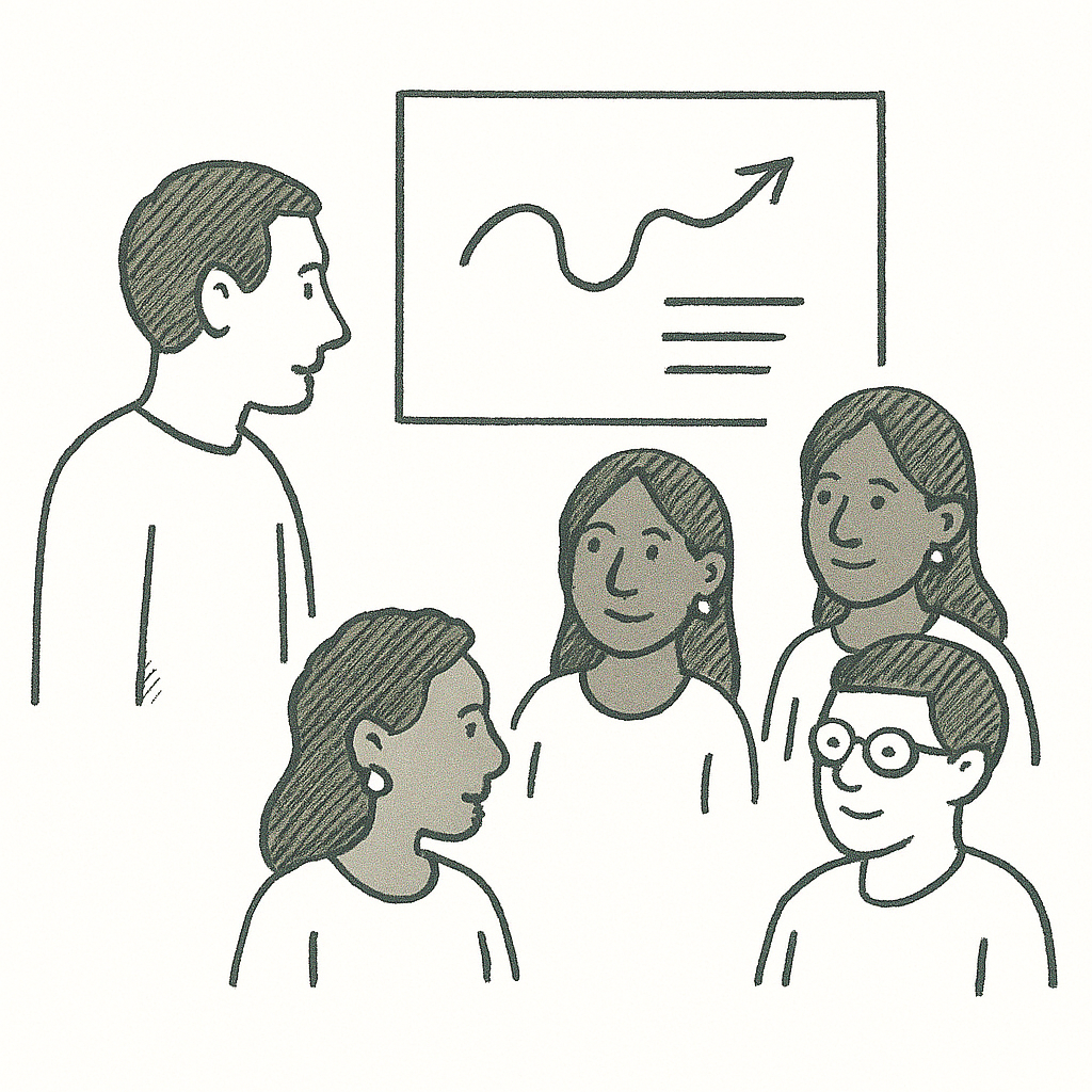 Illustration of a central person with interconnected communication symbols and four surrounding people, depicting teamwork and idea sharing.