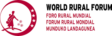World Rural Forum logo featuring a silhouette of a person with a child and a sack, inside a red circle with stars, accompanied by text in four languages.
