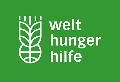Logo of Welthungerhilfe with a stylized plant and text on a green background.
