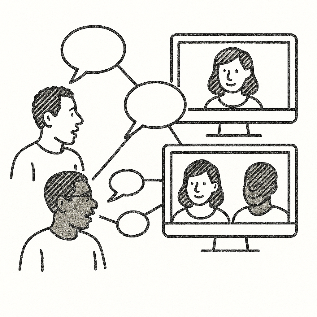 Illustration of networked people working on laptops, with central figures connected by dotted lines, representing remote collaboration or communication.