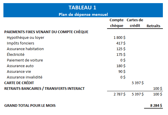 Tableau 1 - Plan de dépense simple