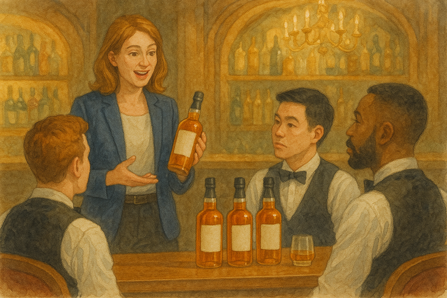 A woman bartender with shoulder-length brown hair holding a bottle of alcohol, talking to three male customers in a bar. The men are wearing vests and bow ties, with two watching her and one looking at the others. There are four bottles of alcohol on the table, and the background shows a bar with shelves of bottles and a chandelier.