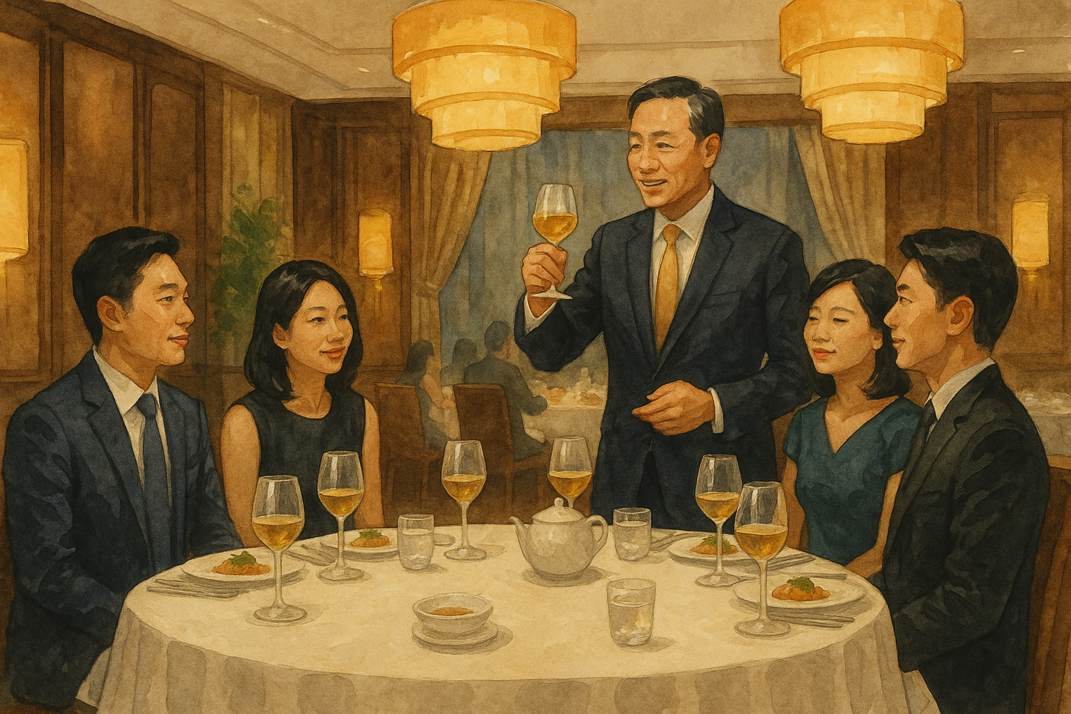 A painting of a man giving a toast at a formal dinner with four seated guests, in an elegant restaurant setting.