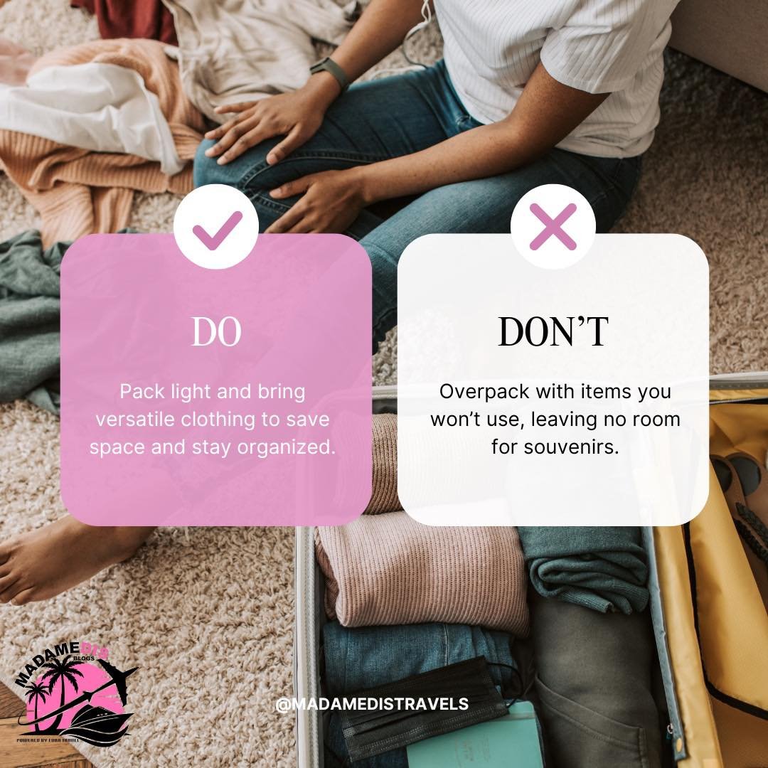 🧳 Packing 101: DO vs DON'T 

✅ DO: Pack light with versatile pieces
❌ DON'T: Overpack and miss out on souvenirs!

Smart packing = more room for memories (and shopping)! 

Need help planning your next getaway? I've got packing tips AND destination ex
