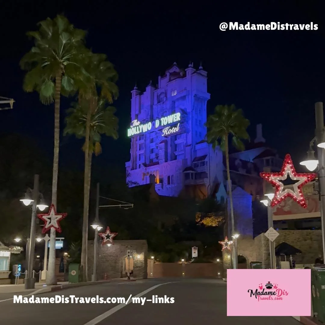 The eerie Hollywood Tower Hotel looks inviting when lit up against the dark sky. The holiday stars add a fun, vintage touch to the spooky atmosphere of Disney's Hollywood Studios!

Are you brave enough to drop in? 😉 This ride is a classic for a reas