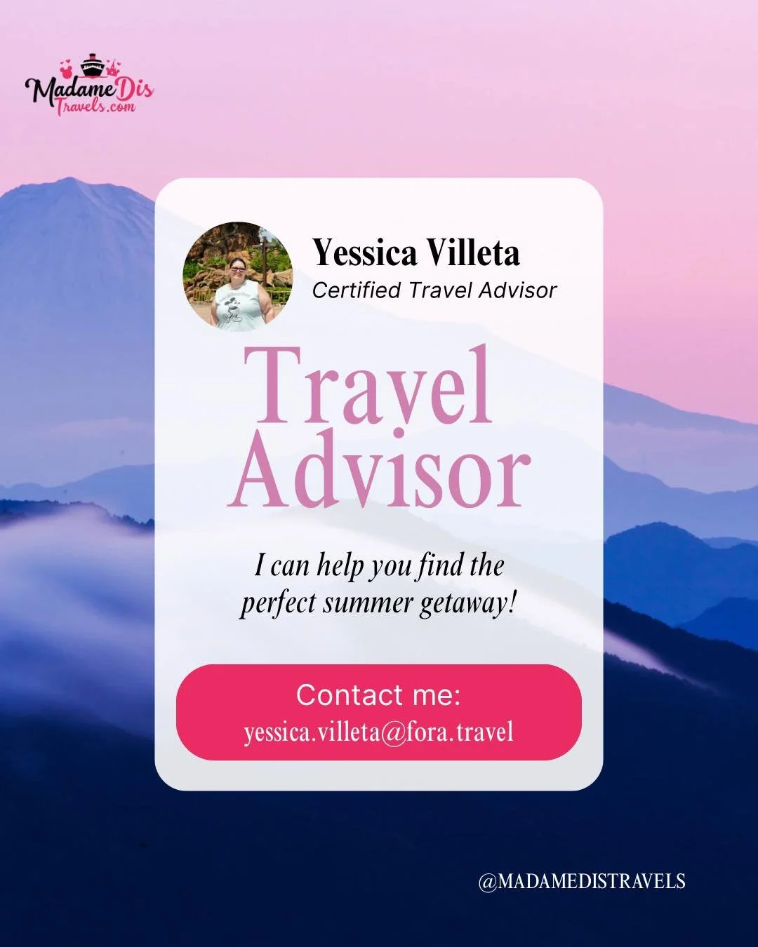Hi! I&rsquo;m Yessica Villeta, your Certified Travel Advisor! 
I&rsquo;m here to help you find the perfect summer getaway&mdash;whether that&rsquo;s a luxury resort, a family-filled Disney adventure, or a relaxing cruise. My goal is to handle the res