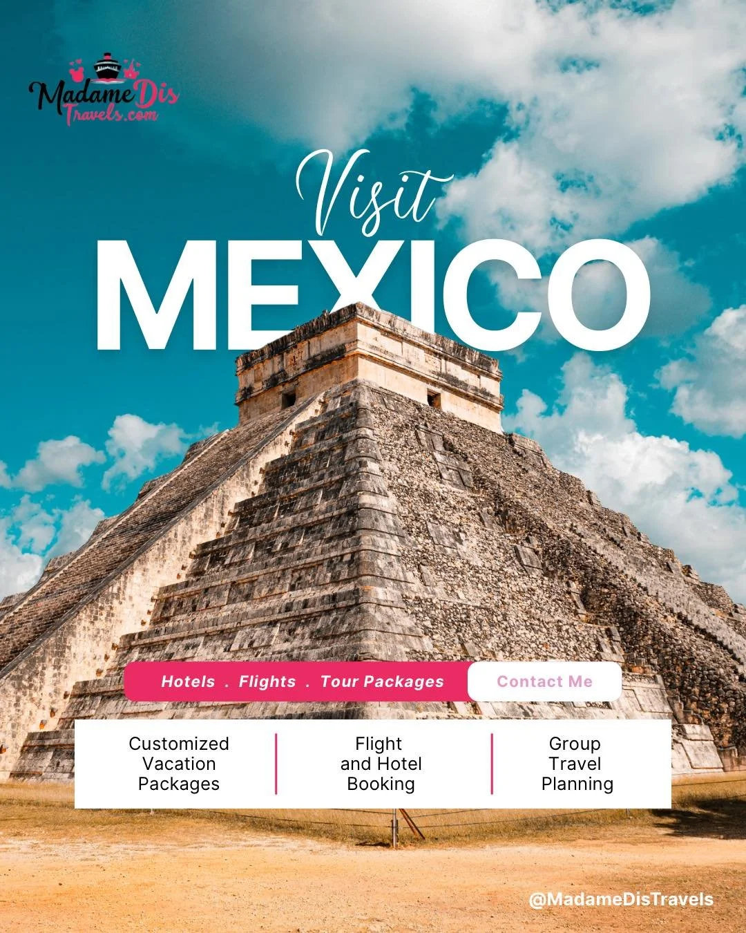 History, culture, and incredible food&mdash;Mexico really has it all. 🇲🇽 Beyond the beaches, there is so much to explore, like the breathtaking Chichen Itza. Whether you want a solo adventure or a group tour, I can curate the perfect package for yo