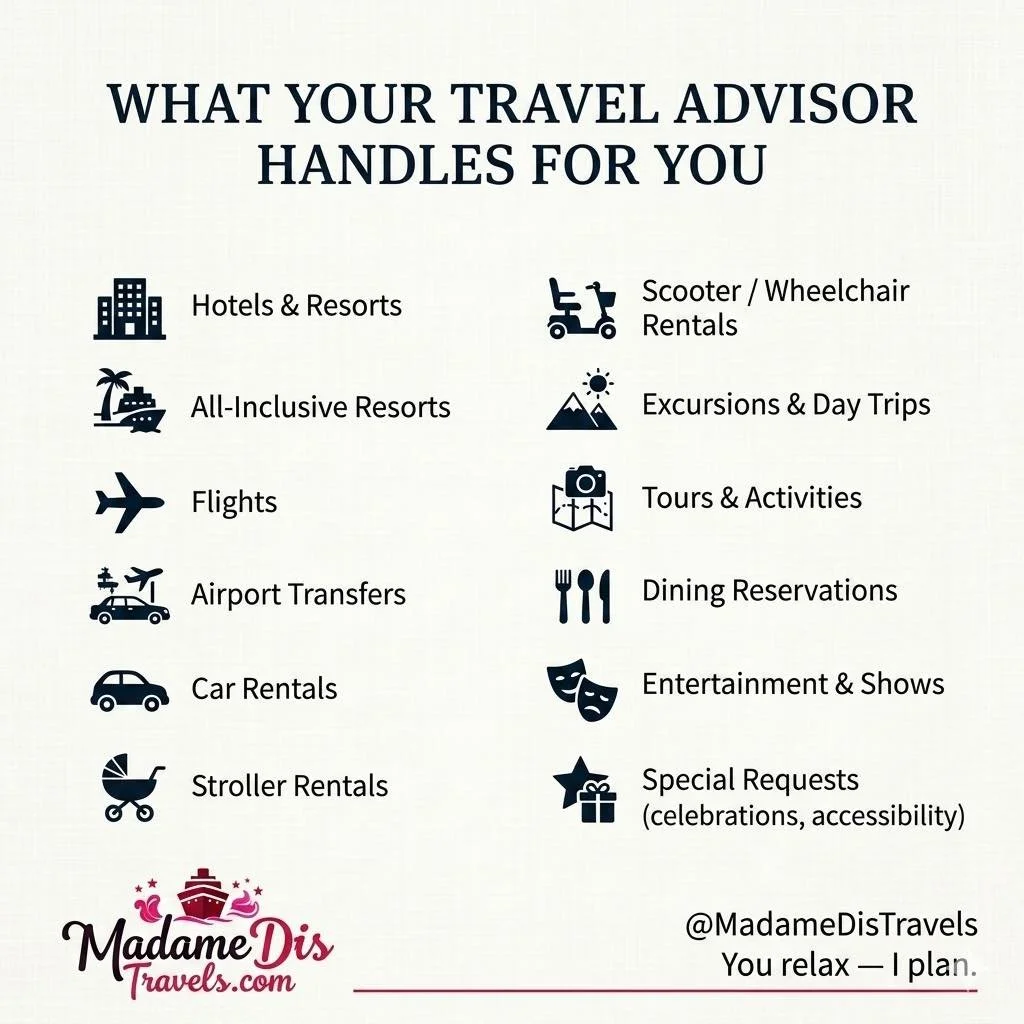 Did you know a travel advisor does way more than just book a hotel? 🏨✨
From securing accessible mobility rentals and stroller gear for the kids to snagging those hard-to-get dining reservations and show tickets&mdash;I handle the logistics so you ca