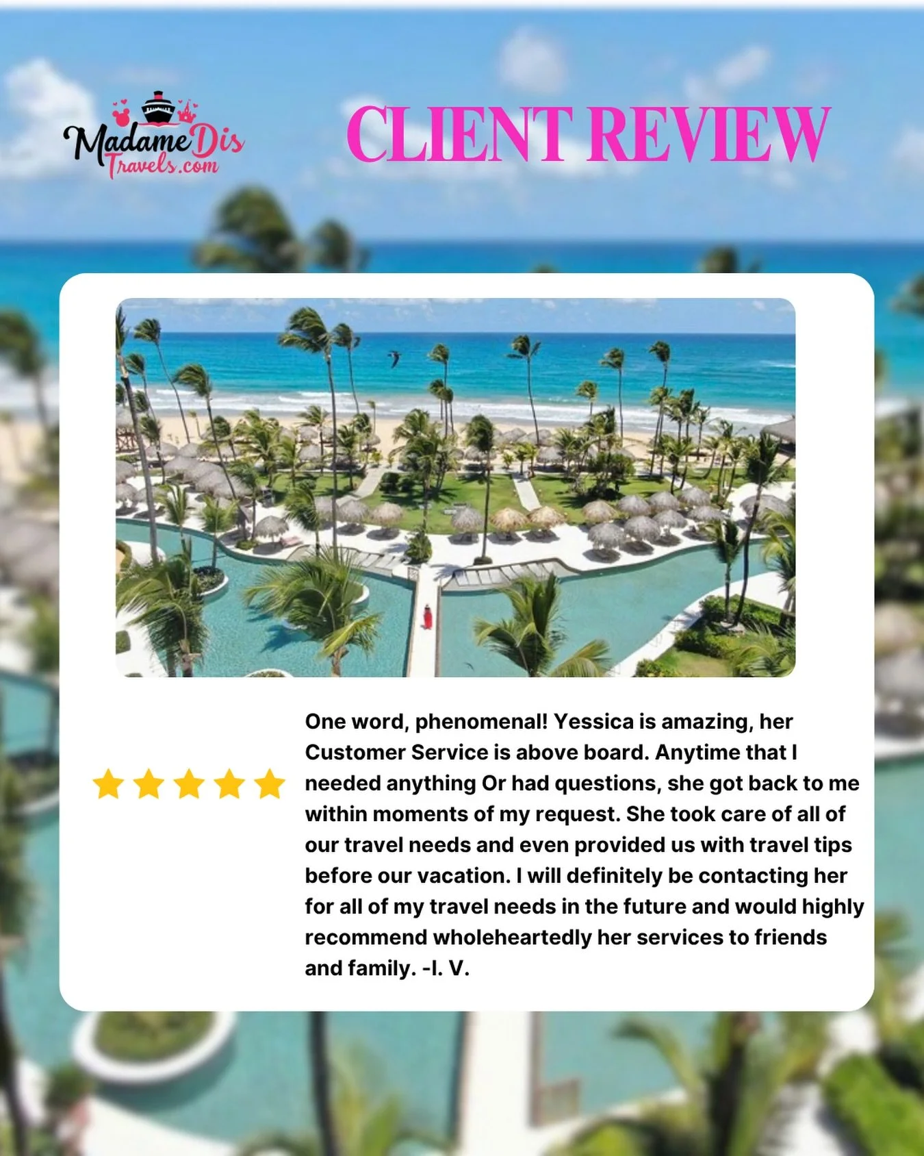 When you book your vacation with me, you&rsquo;re not just getting a travel itinerary&mdash;you&rsquo;re getting personalized service, quick answers, insider tips, and zero stress from start to finish. Seeing words like &ldquo;phenomenal&rdquo; from 