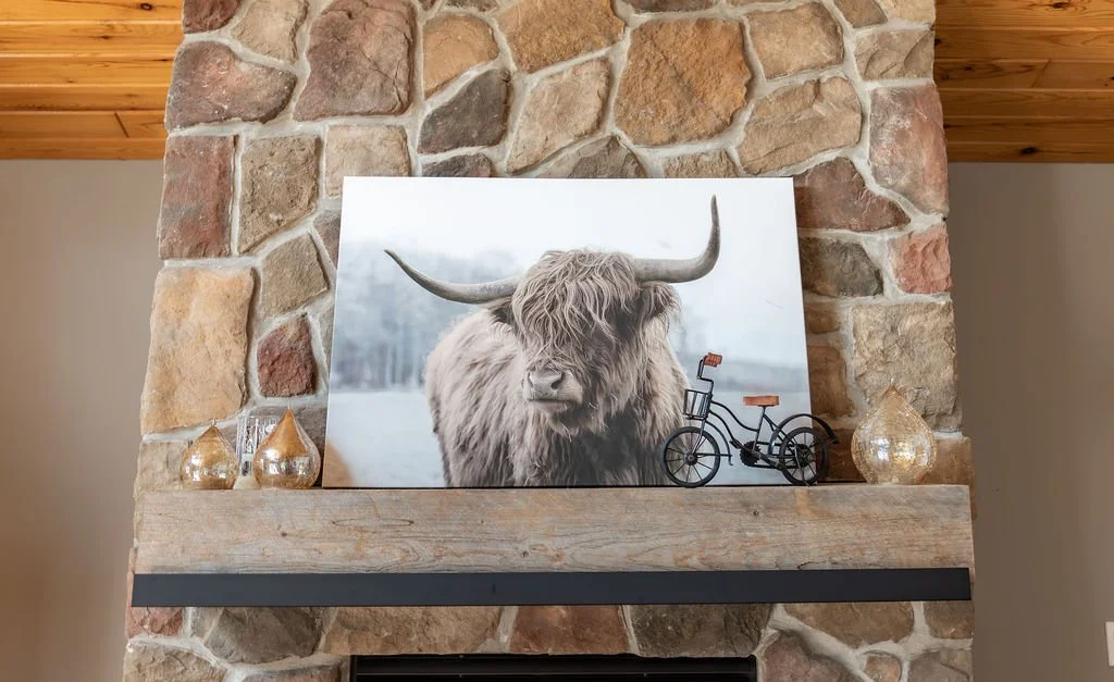 A framed photo of a Highland cow with long horns and shaggy hair on a stone fireplace mantel, with a small decorative bicycle, and two glass bottles on each side against a rustic stone wall.