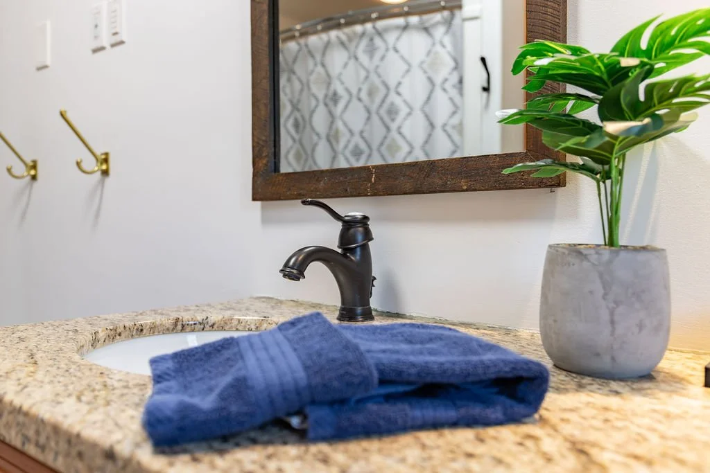 Bathroom sink with granite countertop, black faucet, blue folded towel, mirror, and potted green plant on the right.