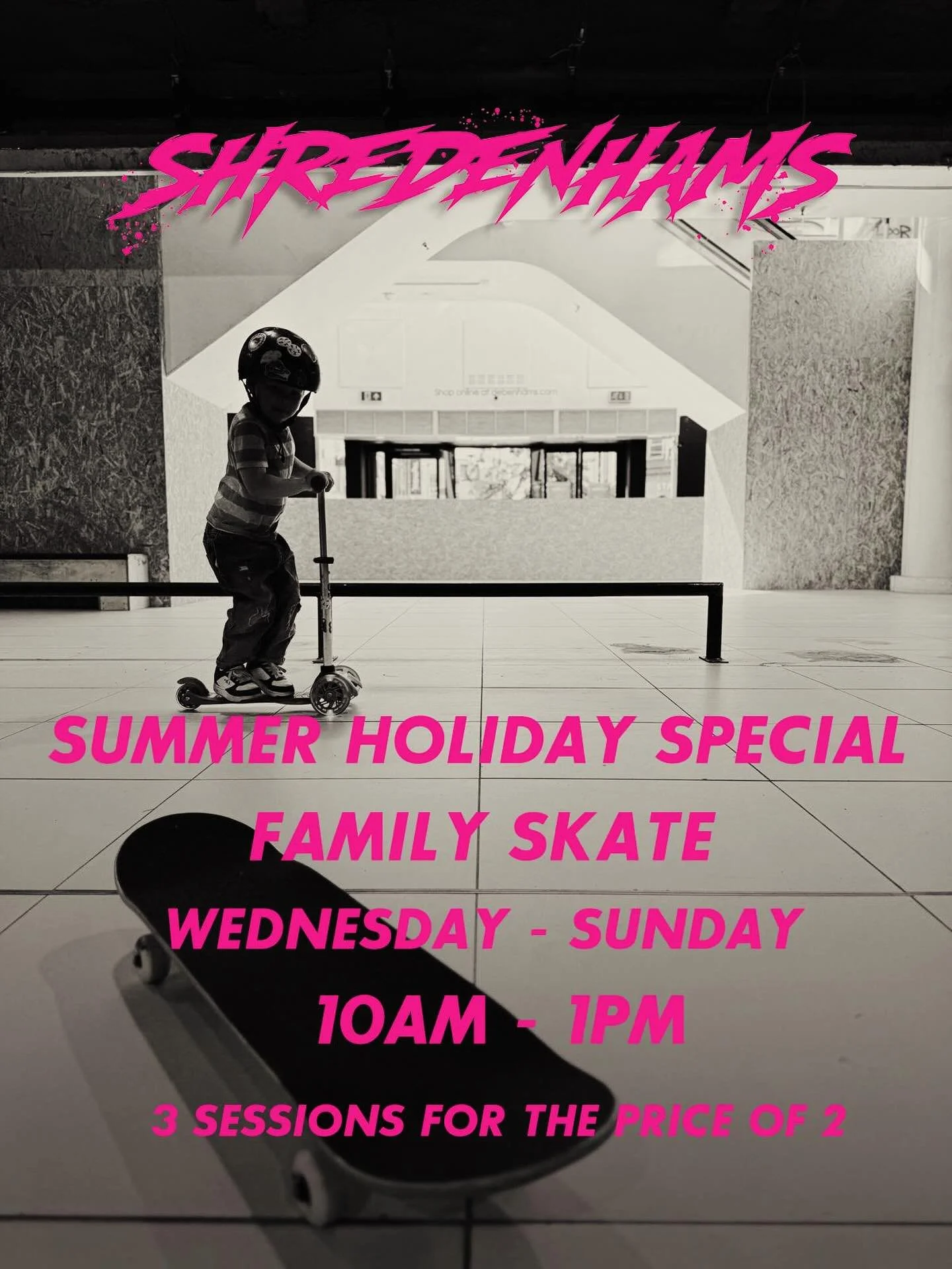 Starting tomorrow for the summer holidays till 31/08! 
Family Skate welcomes all ages, all wheels - parents & kids can ride together - or just hang out in the park together!
Every Day we’re open from 10am-1pm 
£10 per person, or bri