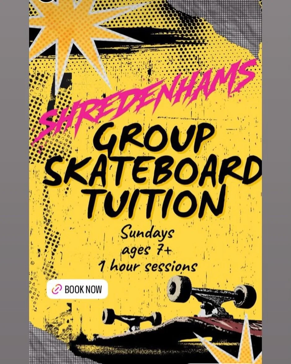 Starting this Sunday!!
Learn to skate at Shredenhams&hellip;. 
Group Skateboard Tuition sessions now available: - Ages 7+
- 1 Hour session with 45 minutes of coaching
- All abilities welcome
- Experienced coaches from Campus Skateboarding - 10am, 11a