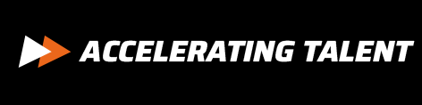 Text that says "ACCELERATING TALENT" with an orange arrow pointing right